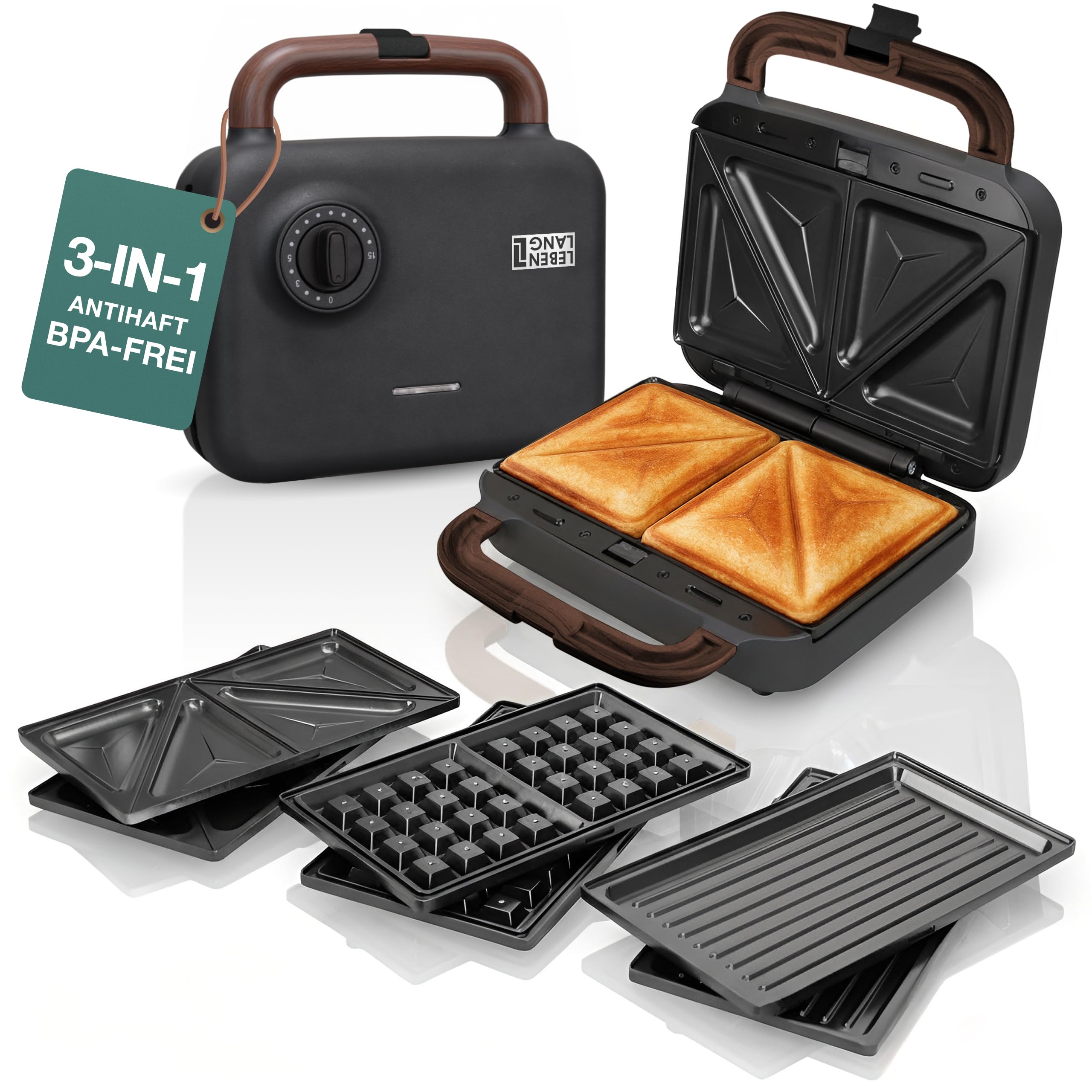 LEBENLANG Sandwichmaker 3 in 1-750W Inkl. 3 Einsätze für Grill, Sandwich & Waffeln I Waffel Sandwich Maker 3in1 Waffeleisen mit wechselplatten Sandwichmaker Waffeleisen Toaster Waffeln Kombigerät