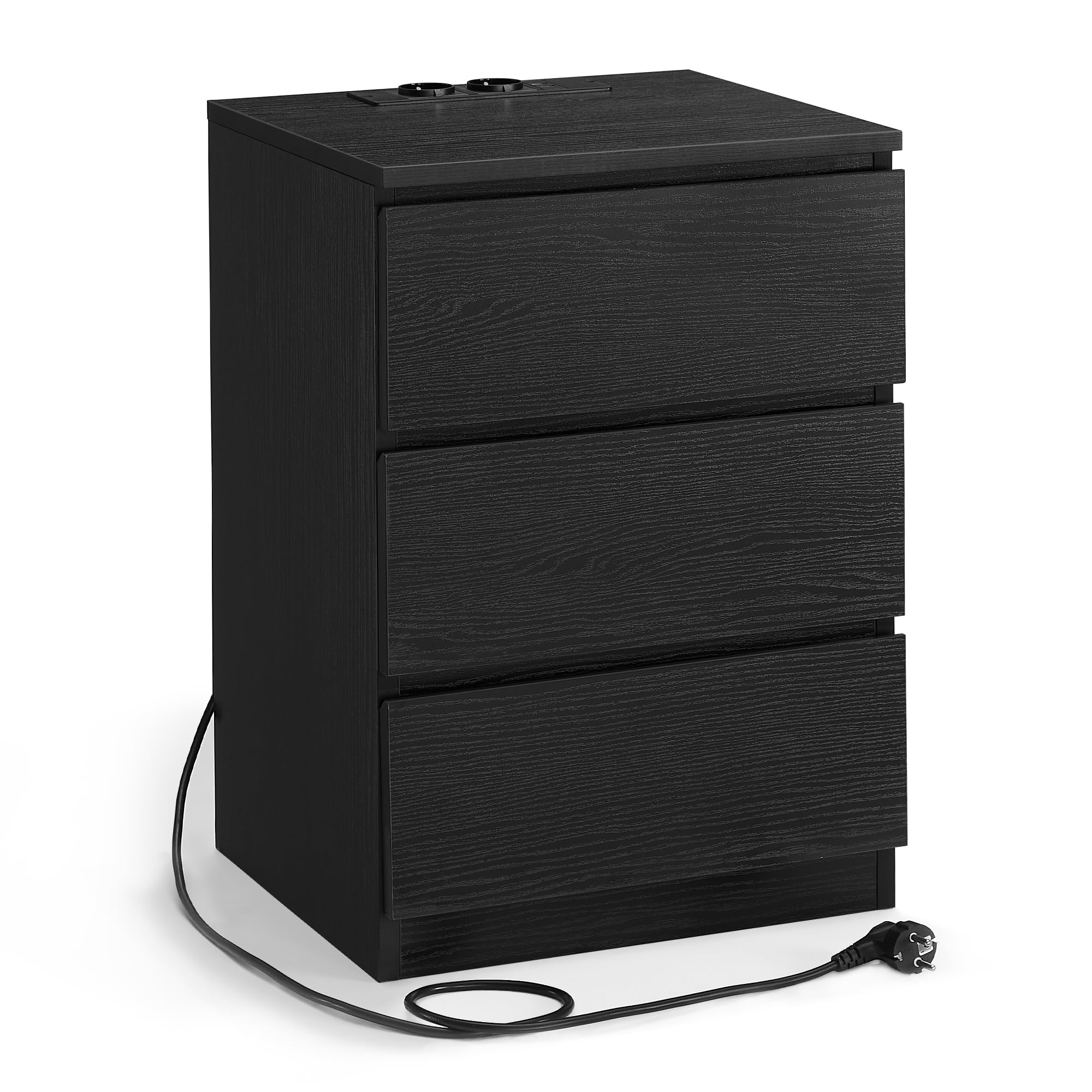 VASAGLE Mesita de Noche con Estación de Carga, Mesa Auxiliar con 3 Cajones, 2 Tomas CA, 2 Puertos USB, para Salón, Dormitorio, Estudio, Moderno, Negro Ébano LET631B56