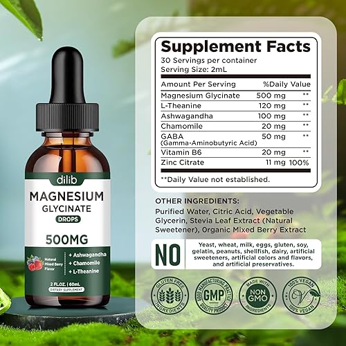 Miniatura 8 de dilib Suplemento líquido de glicinato de magnesio, con glicinato de magnesio 500 mg Ashwagandha, L - teanina, manzanilla - Alivio del estrés de