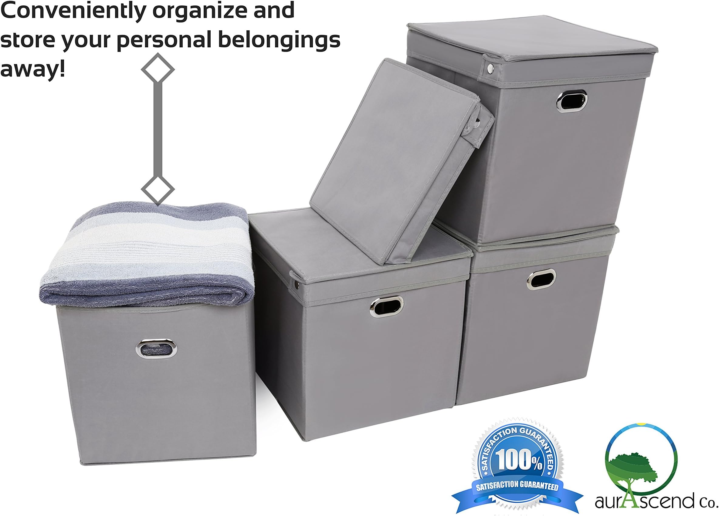 Foldable Collapsible Fabric Storage Basket Bin Cube with Lid and Two Side Dual Metal Eyelets Handles by aurascend Company - Best Decorative Closet Shelf Organizer Drawer System