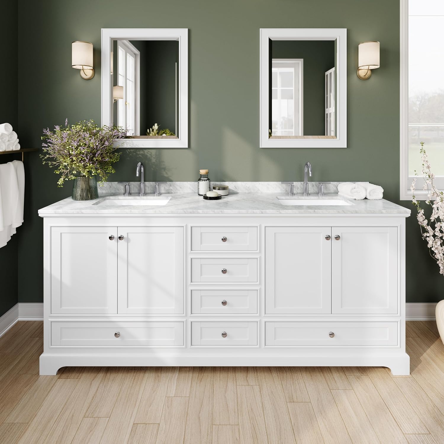 Wyndham Collection Deborah 80 inch Double Bathroom Vanity in White, White Carrara Marble Countertop, Undermount Square Sinks, and Medicine Cabinets