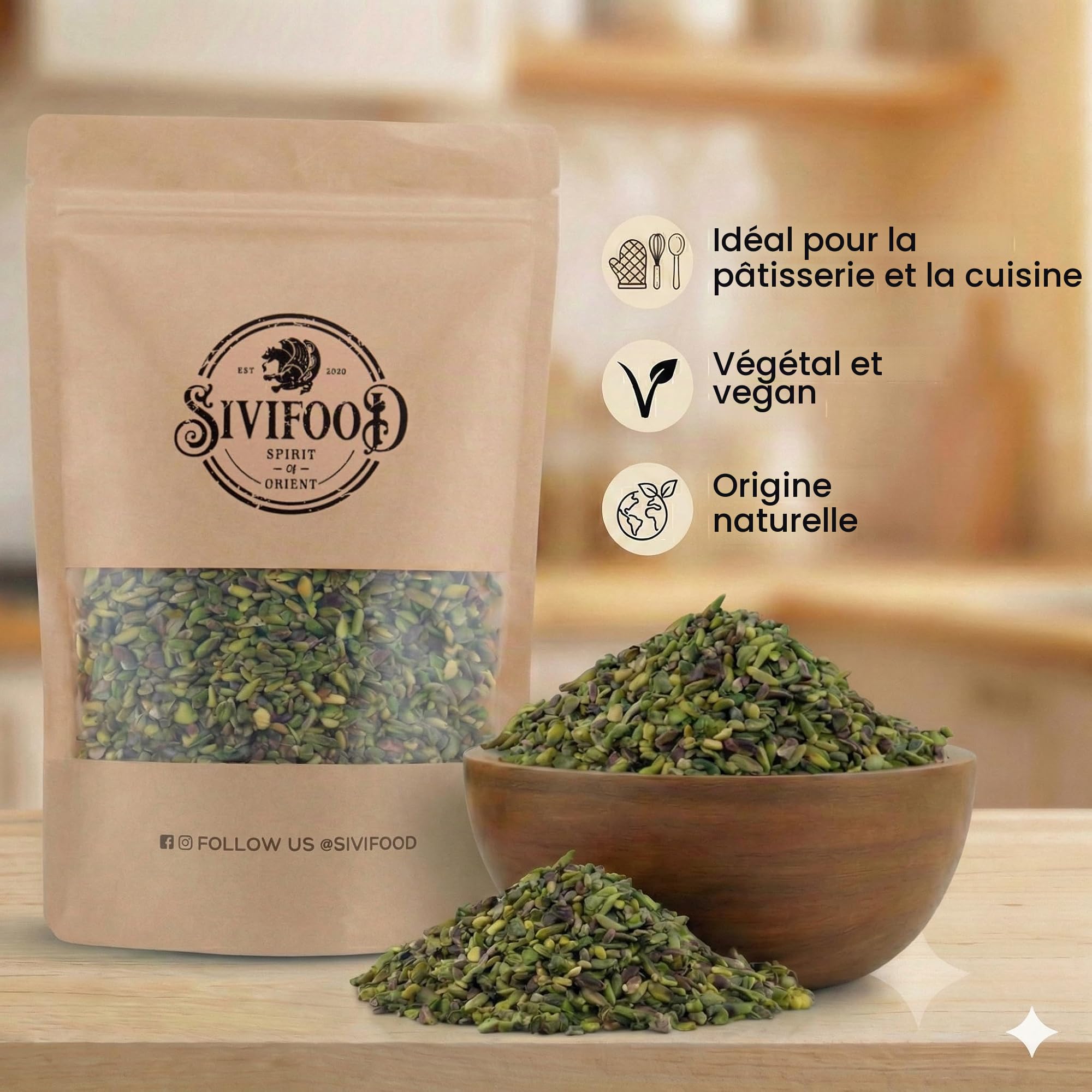 SIVIFOOD pistaches hachées grossièrement dans un paquet économique de 1kg - pistaches hachées pour la cuisson en vrac dans une qualité supérieure verte naturelle non salée non traitée végétalienne