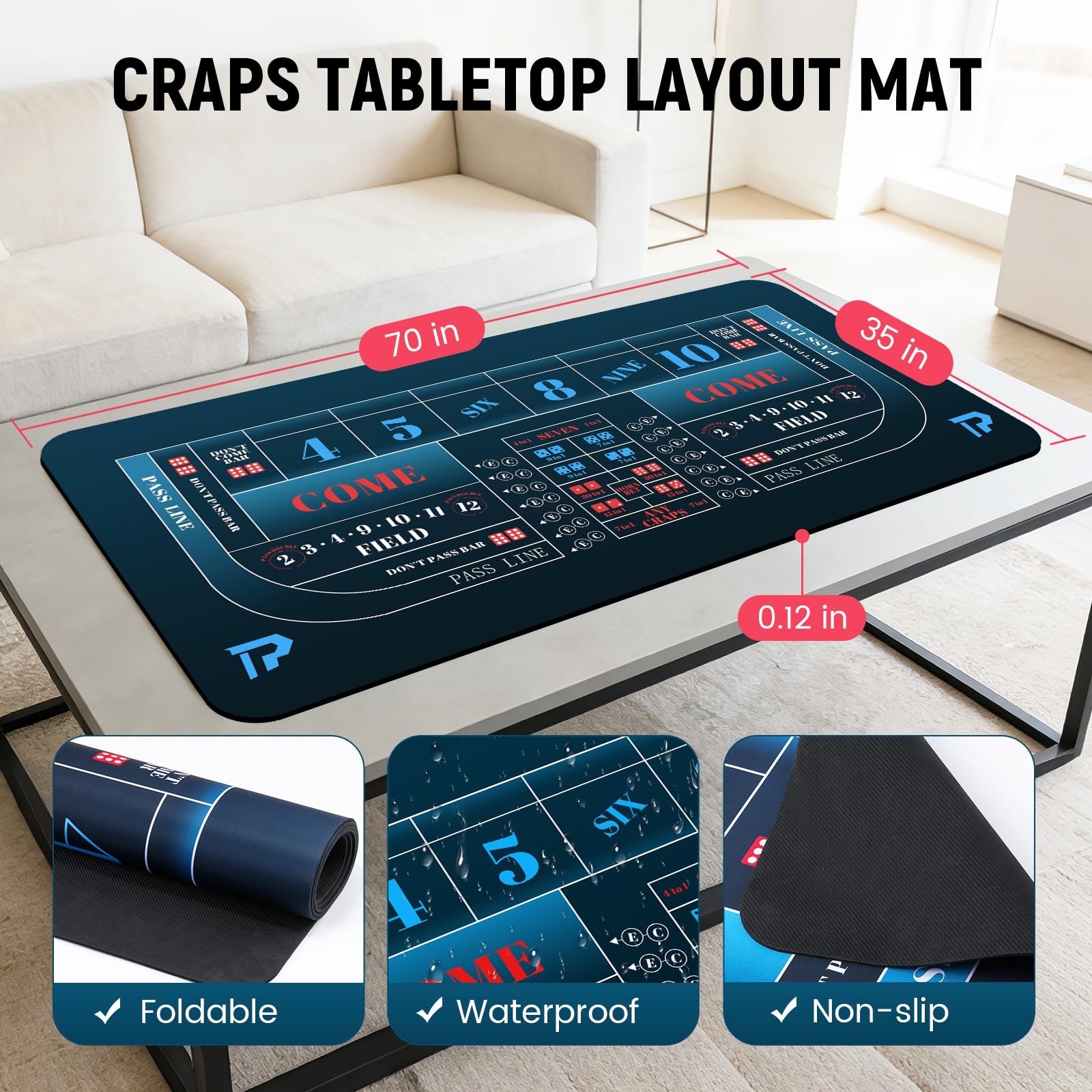 Proshine Craps Tischspiel-Set mit 88,9 x 177,8 cm großen Gummi-Matte, 91,4 cm Rattan-Stab, 19 mm Würfel, Ein-/Aus-Taste und 100 Chips, Craps-Spiel-Layout für Party - 3