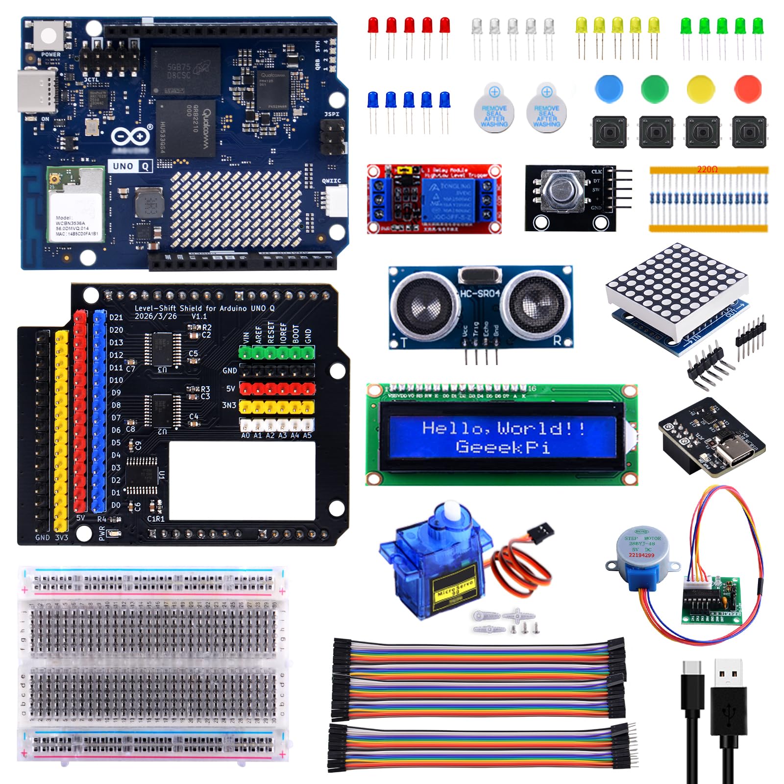 GeeekPi 5V GPIO Starter Kit for Arduino UNO Q, Complete Electronics Prototyping Kit with UNO Q 4GB RAM Board, Level-Shift Shield, LCD1602, Sensors, Servo & Components