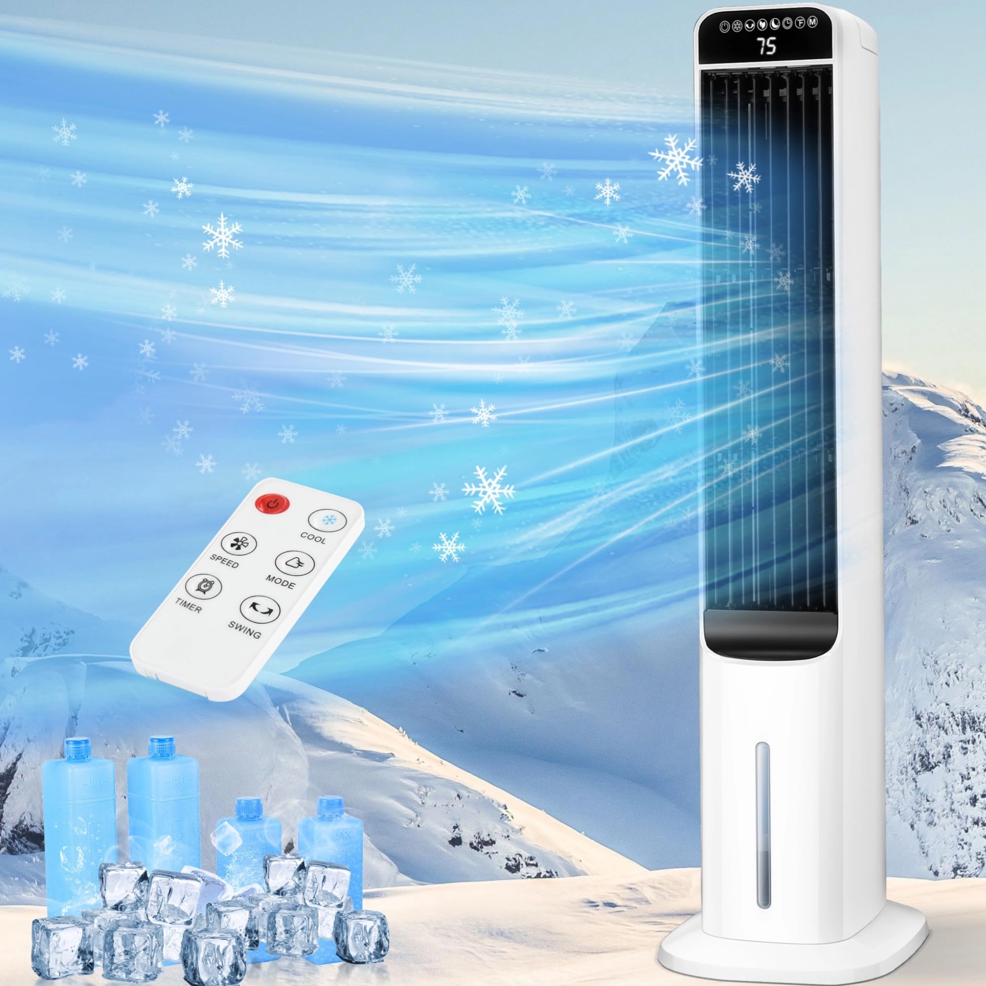 Swamp Cooler, Evaporative Air Cooler With Remote Control,80° Oscillation,12H Timer,3 Modes,3 Speeds,4 Ice Packs, Bladeless Tower Fan for Bedroom, Home,Office(41")