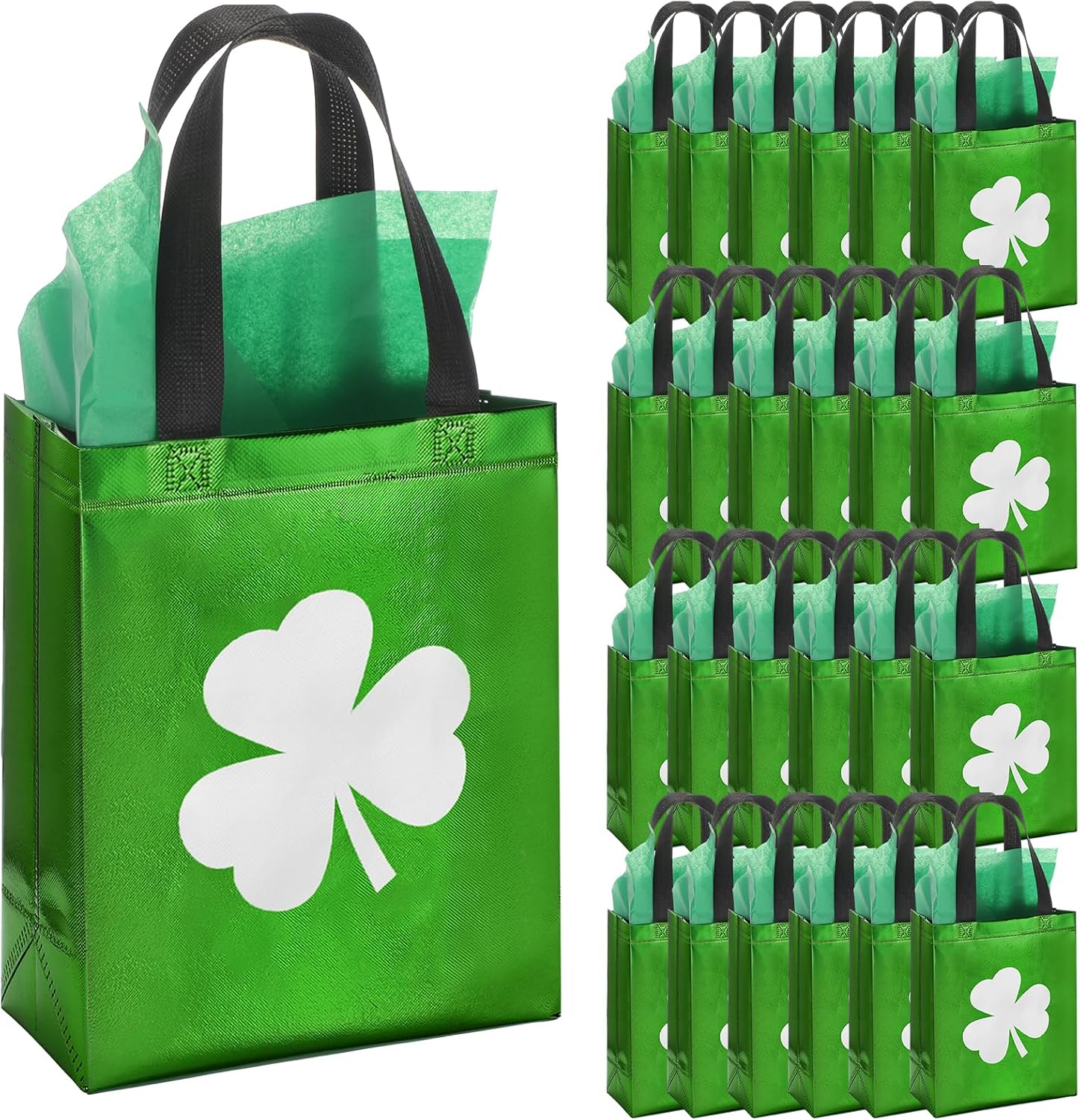 HunnmingRe 49 Pcs St Patrick's Day Gift Bags Bulk Set 24 Clover Treat Tote Bag Irish Shamrock Non Woven Bags 25 Tissue Paper for St Patrick's Party Favors (9.84 x 7.87 x 3.94 Inches,Vibrant Colors)