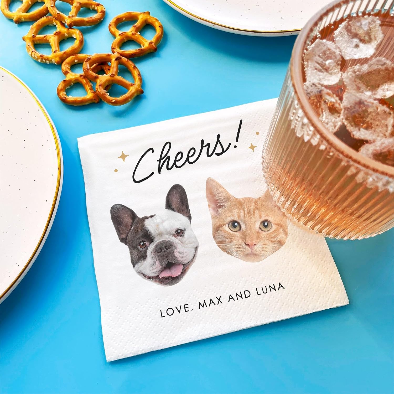 Big Dot of Happiness Custom Photo Cheers - Two Pets Wedding Napkins, Personalized Cat or Dog Wedding Party Decor, White 3-Ply Paper Beverage Napkins - 50 Count