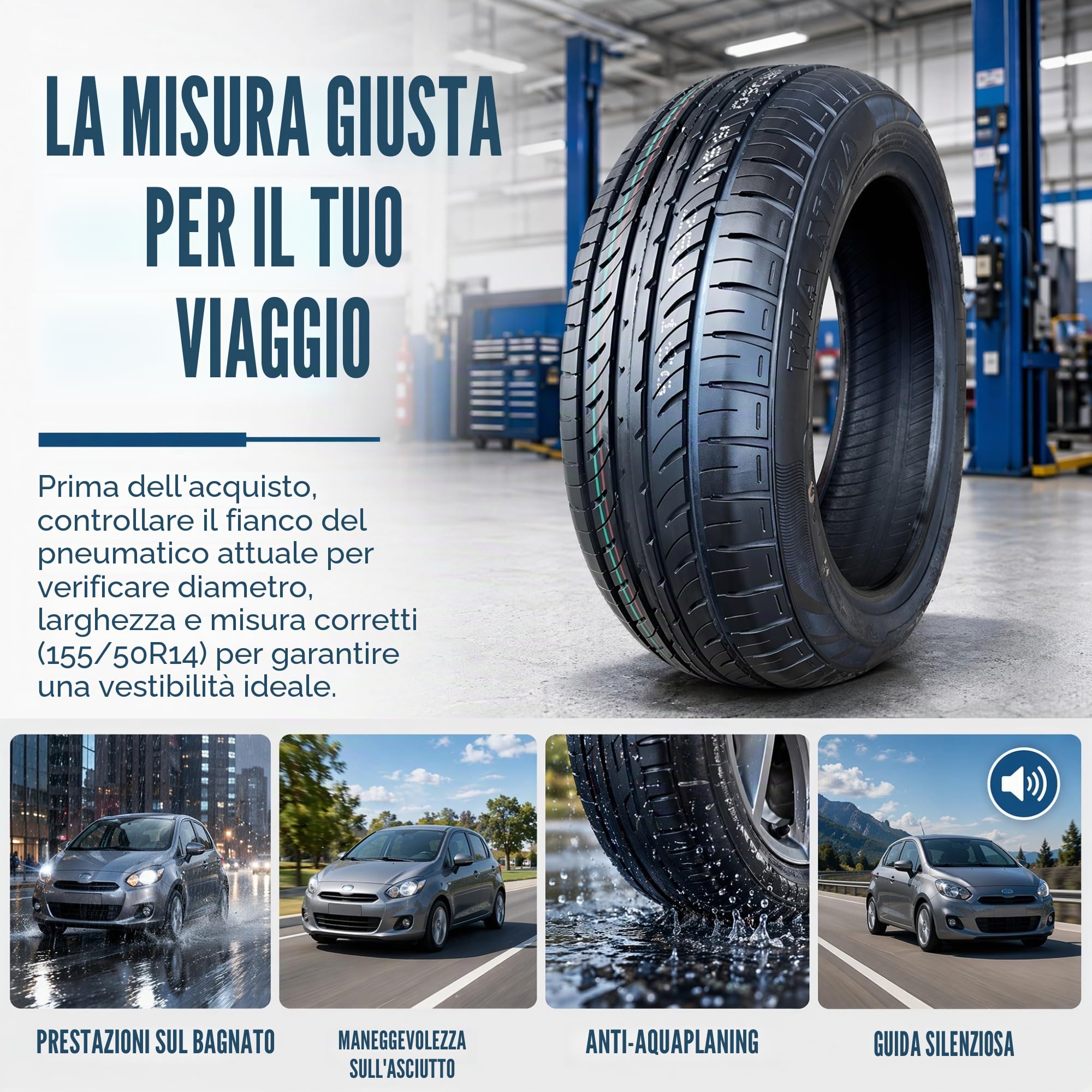 155/50R14 Pneumatico Senza Camera per Auto Compatta e Guida Cittadina da 14 Pollici | 155/50/R14 Sostituzione Tutto Anno con 155 50 14 Fianco Rinforzato 300 kPa Carico Massimo
