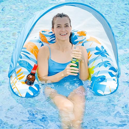 Miniatura 7 de LAYCOL Flotadores de piscina premium para adultos con dosel, elegante tumbona de piscina, flotadores de piscina resistentes para adultos, flotadores