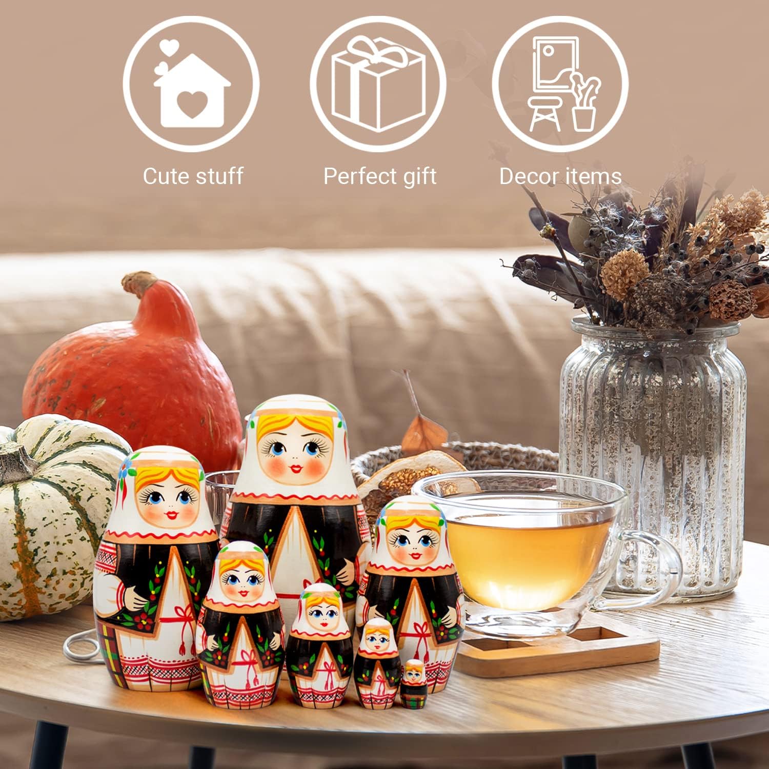 AEVVV Ukrainian Nesting Dolls Set of 7 pcs - Ukrainian Souvenir - Matryoshka Dolls in Ukrainian Dress Vyshyvanka - Handmade Ukrainian Gifts - Ukrainian Doll - Matryoshka Nesting Dolls