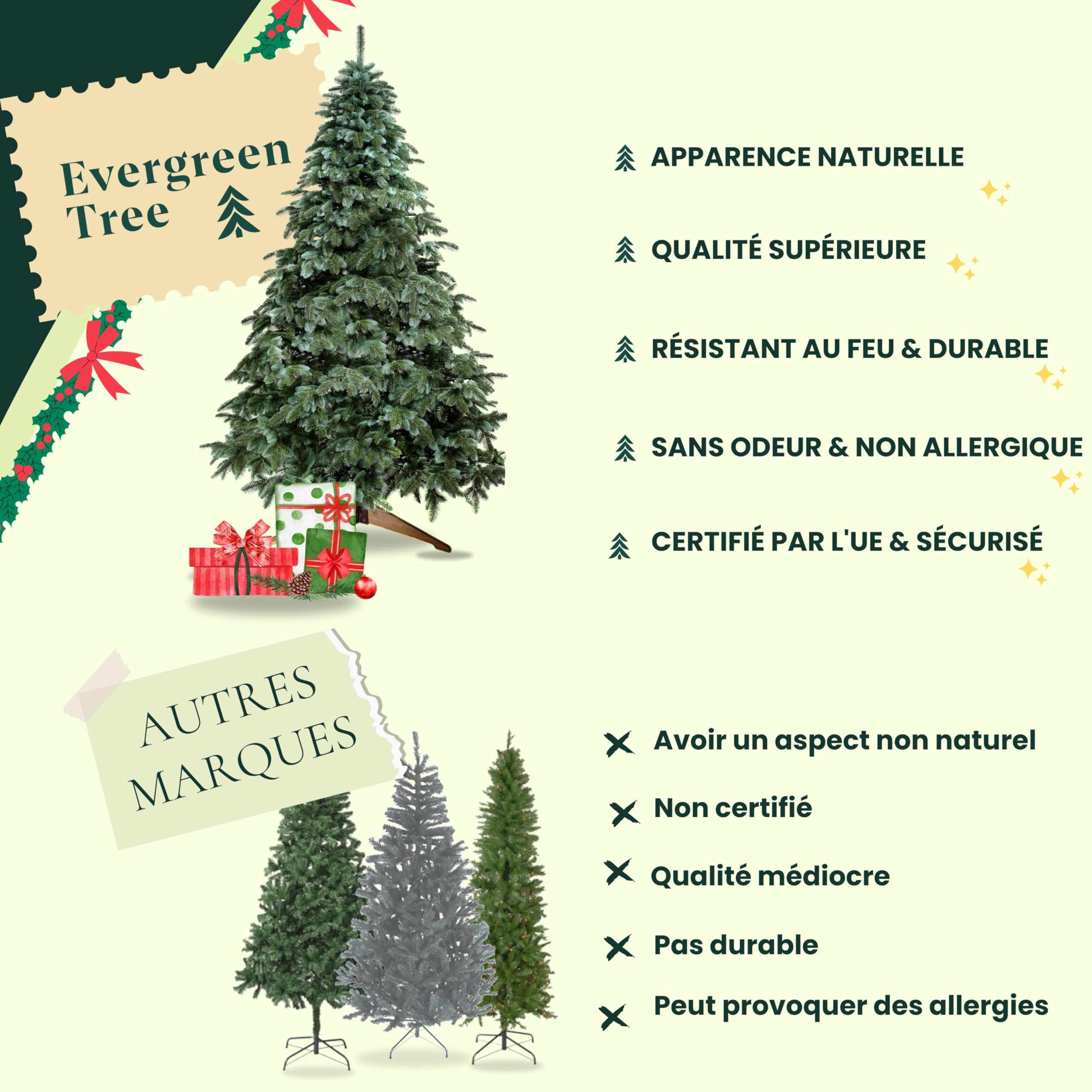 Evergreen Tree® Sapin de Noël Artificiel 210 cm Premium - 100% Moulé par Injection, Fabriqué dans l'UE - avec Support en Bois Naturel