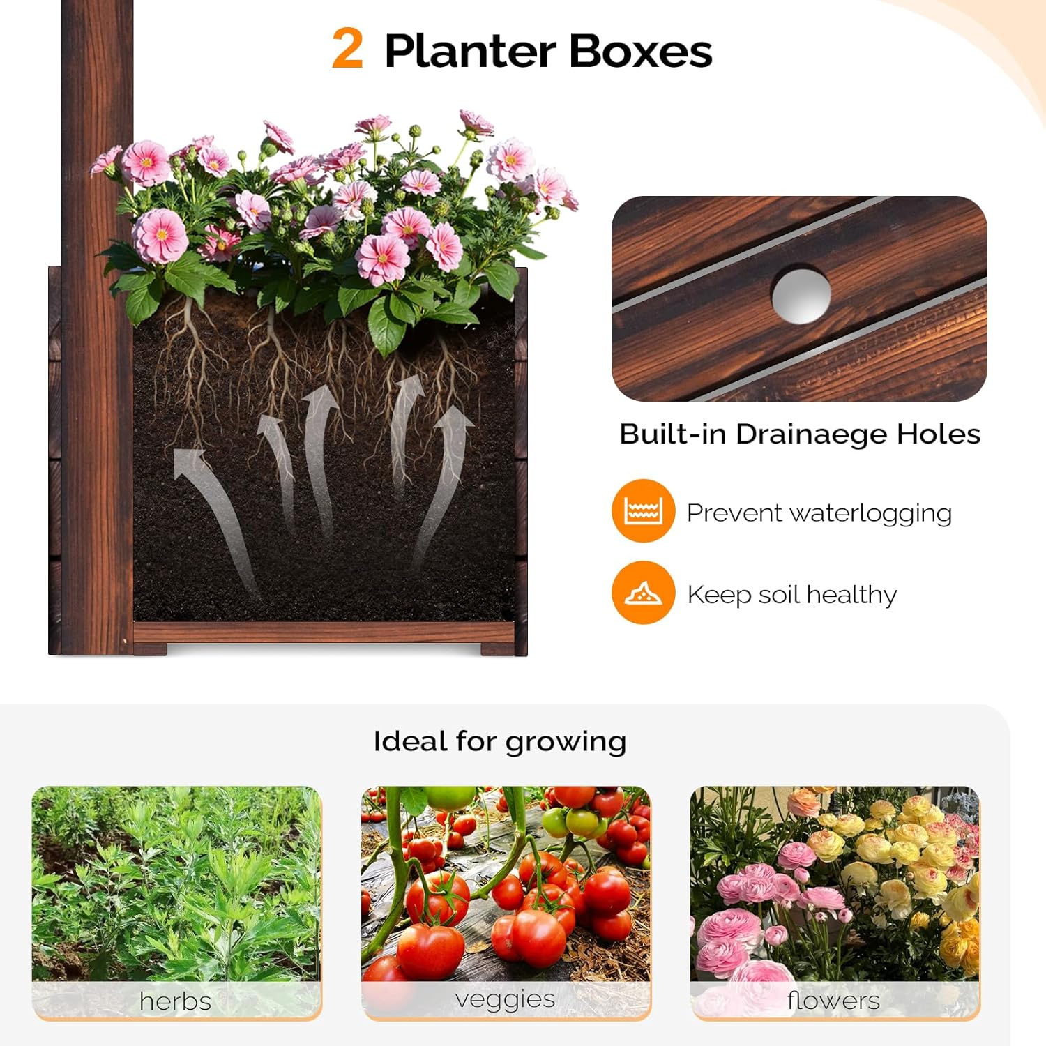 VINGLI Wooden Garden Arbor with Planter, Wedding Arch for Ceremony, Wood Garden Arbour Trellis for Plant Climbing, Pergola for Garden Backyard, Lawn, Outdoor (Carbonized Wood)