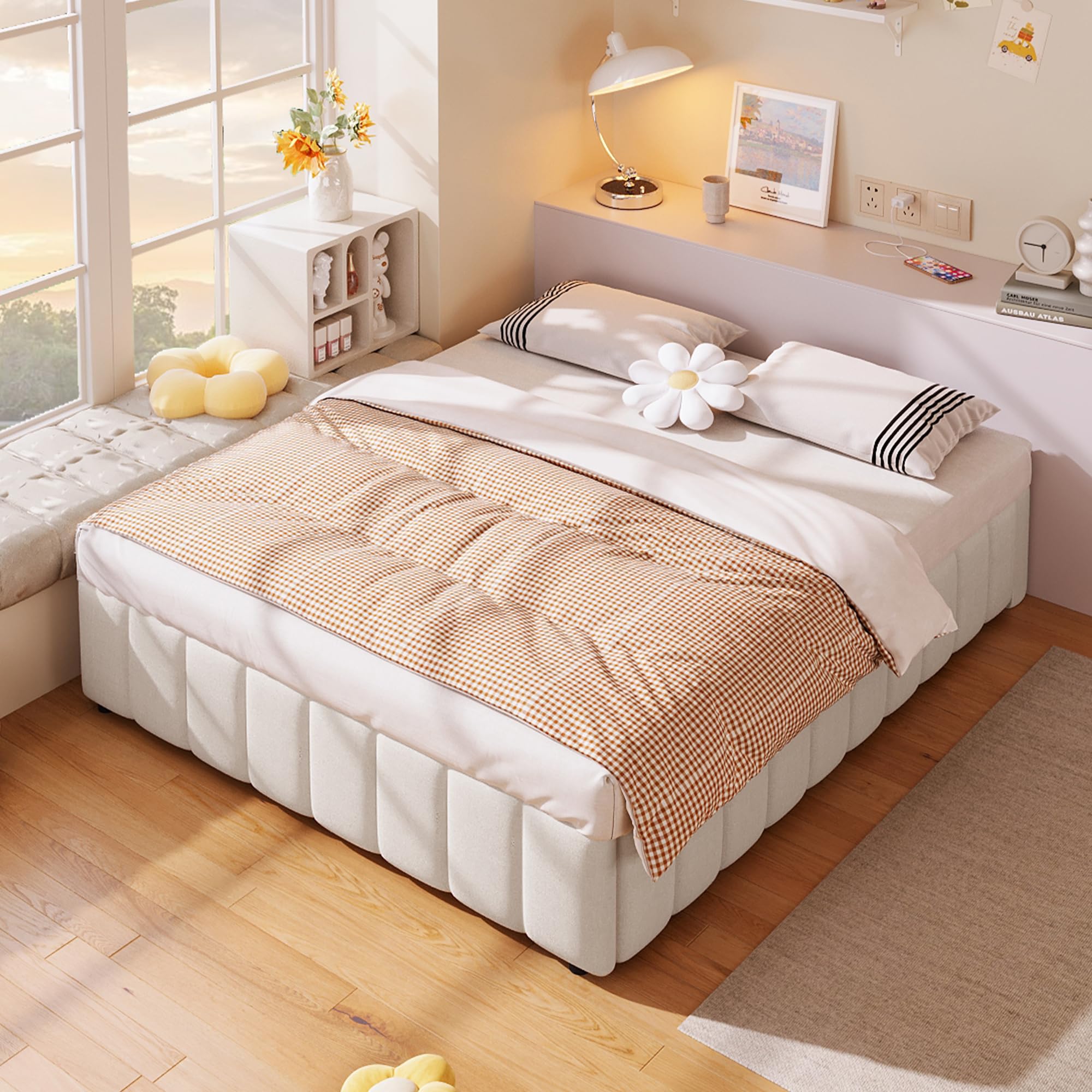 Lit coffre 140x200 sommier inclus en lin beige et cadre de lit en MDF haute résistance