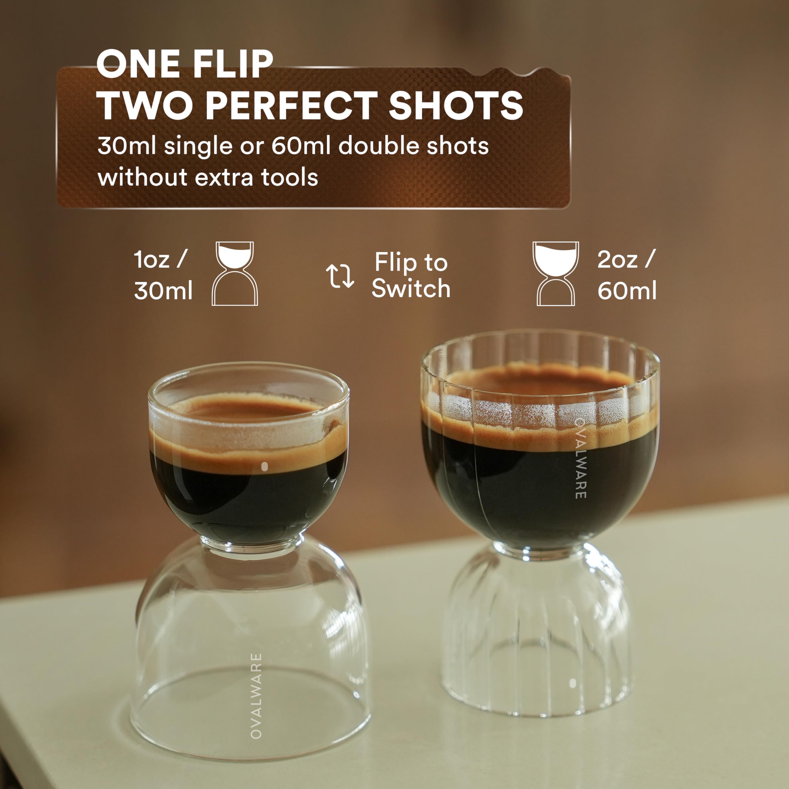 ovalware Espresso-Schnapsglas, 2er-Set, 30 ml und 60 ml, stapelbare Borosilikatbecher, Cool-Touch-Thermoboden, permanente sandgestrahlte Messpunkte für gleichmäßige Espresso-Shots