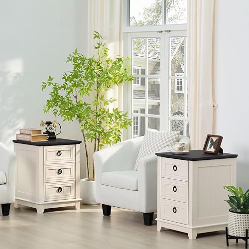 Miniatura 24 de Juego de 2 mesitas de noche estilo granja de 18" con estación de carga, cómoda con mesa auxiliar de 2 cajones para dormitorio, mesita de noche de