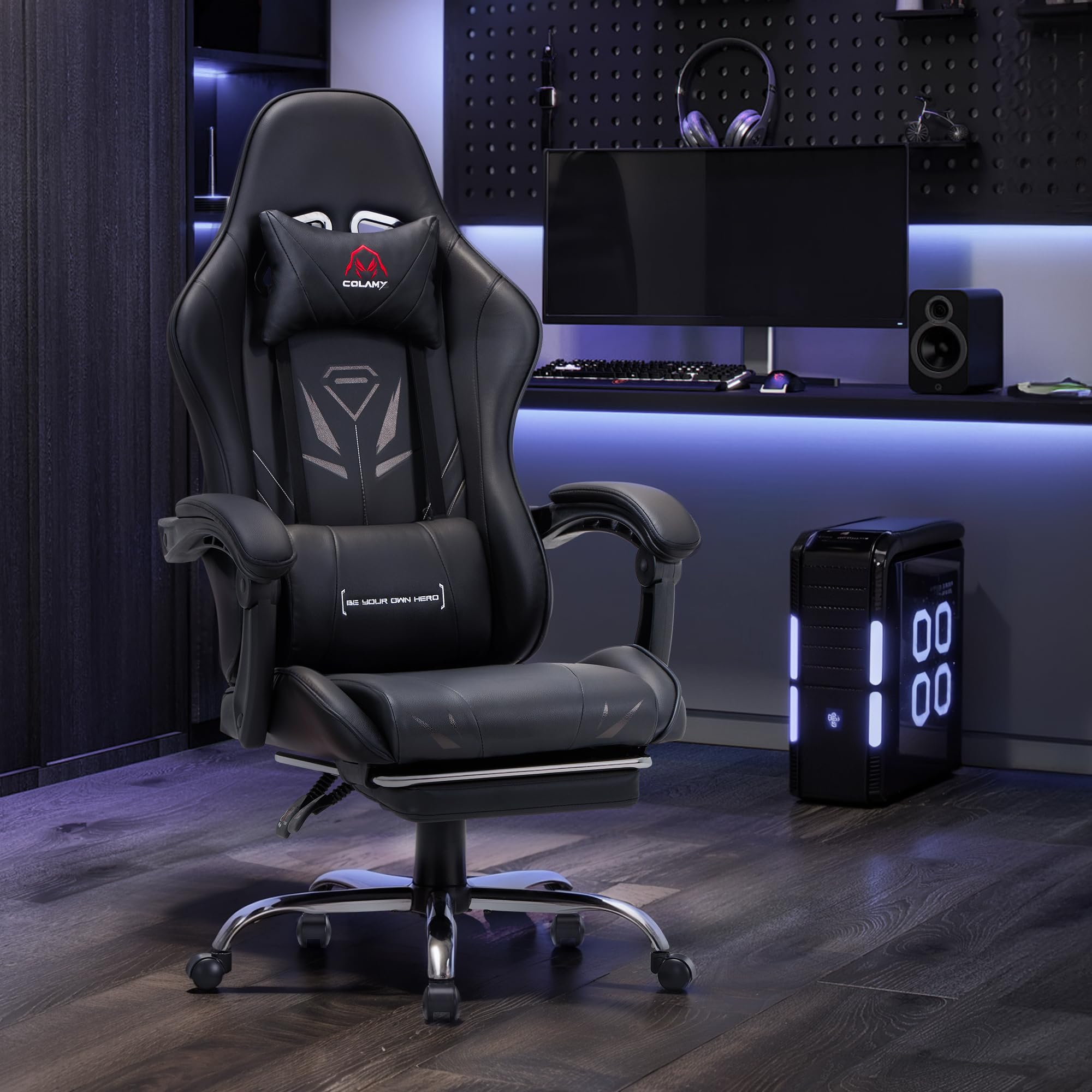 COLAMY Gaming Stuhl, Computer Stuhl mit Fußstütze und Lendenwirbelstütze, höhenverstellbarer Gaming Chair mit 360°-Drehsitz und Kopfstütze, Video Gamer PC Stuhl, Ergonomische hohe Rückenlehne, Schwarz