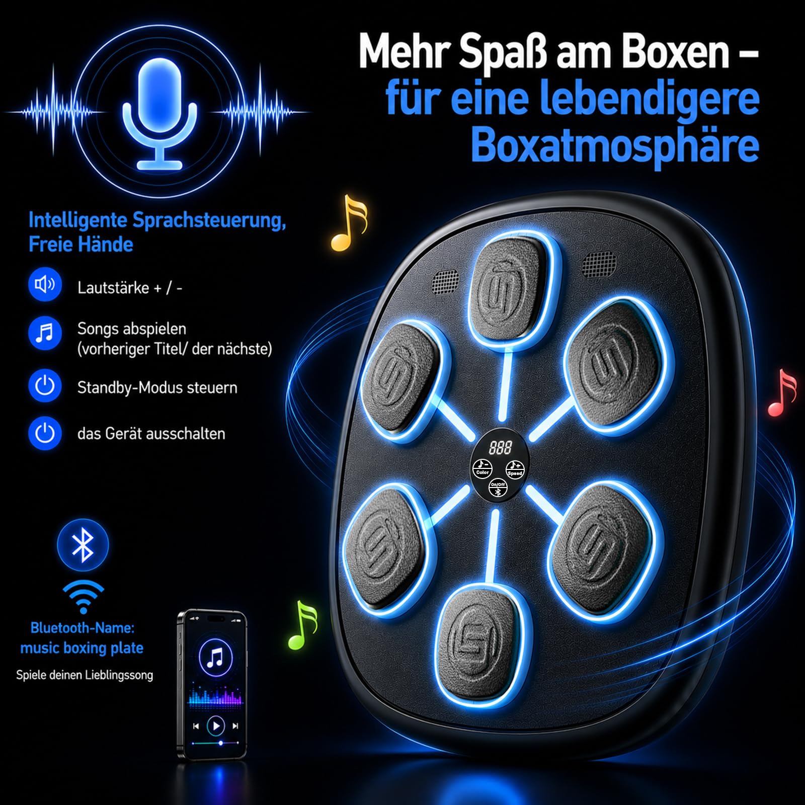 Musik Boxmaschine, Boxmaschine mit Bluetooth für Erwachsene und Kinder, | Sprachsteuerung, Boxhandschuhe enthalten,11 Trainingsmodi, 9 LED-Modi, Schlagzähler