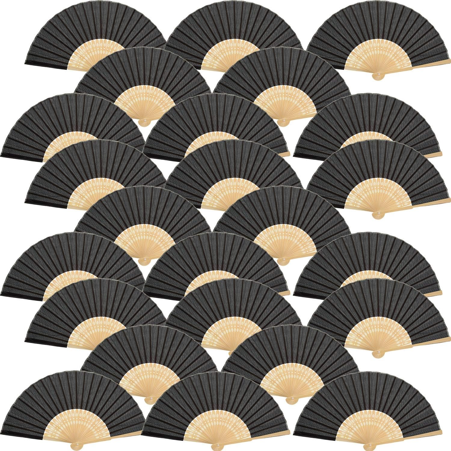 Bememo 24 Pack Hand Held Fans Silk Bamboo Folding Fans Handheld Decorative Japanese Chinese for Women Church Wedding Gift, Bridal Dancing Party Favors, DIY Decoration (Black)