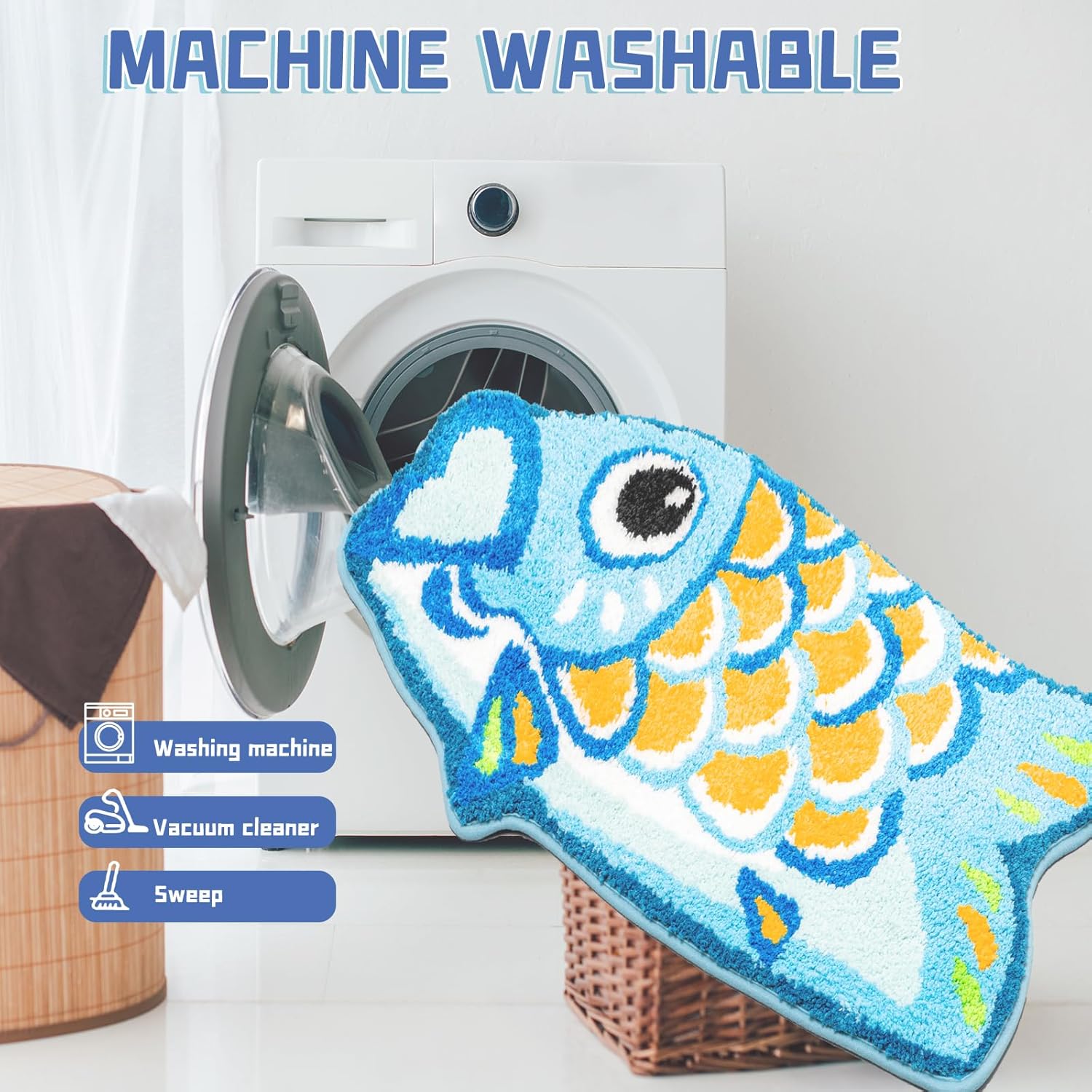 Cute Blue Fish Koi Bathroom Rug, Non Slip Cartoon Bath Mat Funny Bathroom Rugs and Mats Absorbent Shower Rugs for Kids Floor Mat Carpet Decor Bathtub Rug Washable