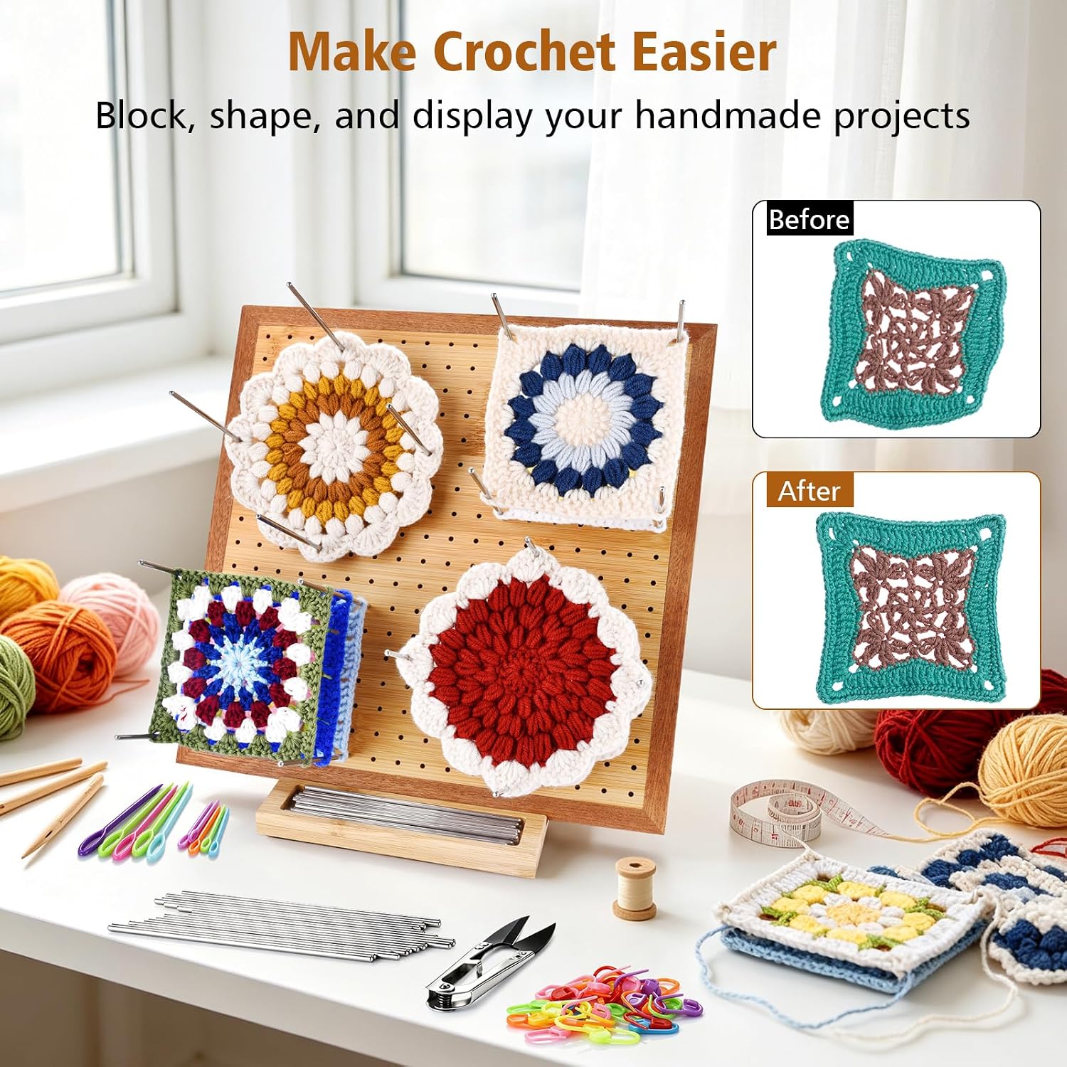 LIVSMON 11.8" Crochet Blocking Board with Pins, Handcrafted Knitting Blocking Mat for Knitting Crochet and Granny Squares, Gifts for Grand Mothers, Mothers