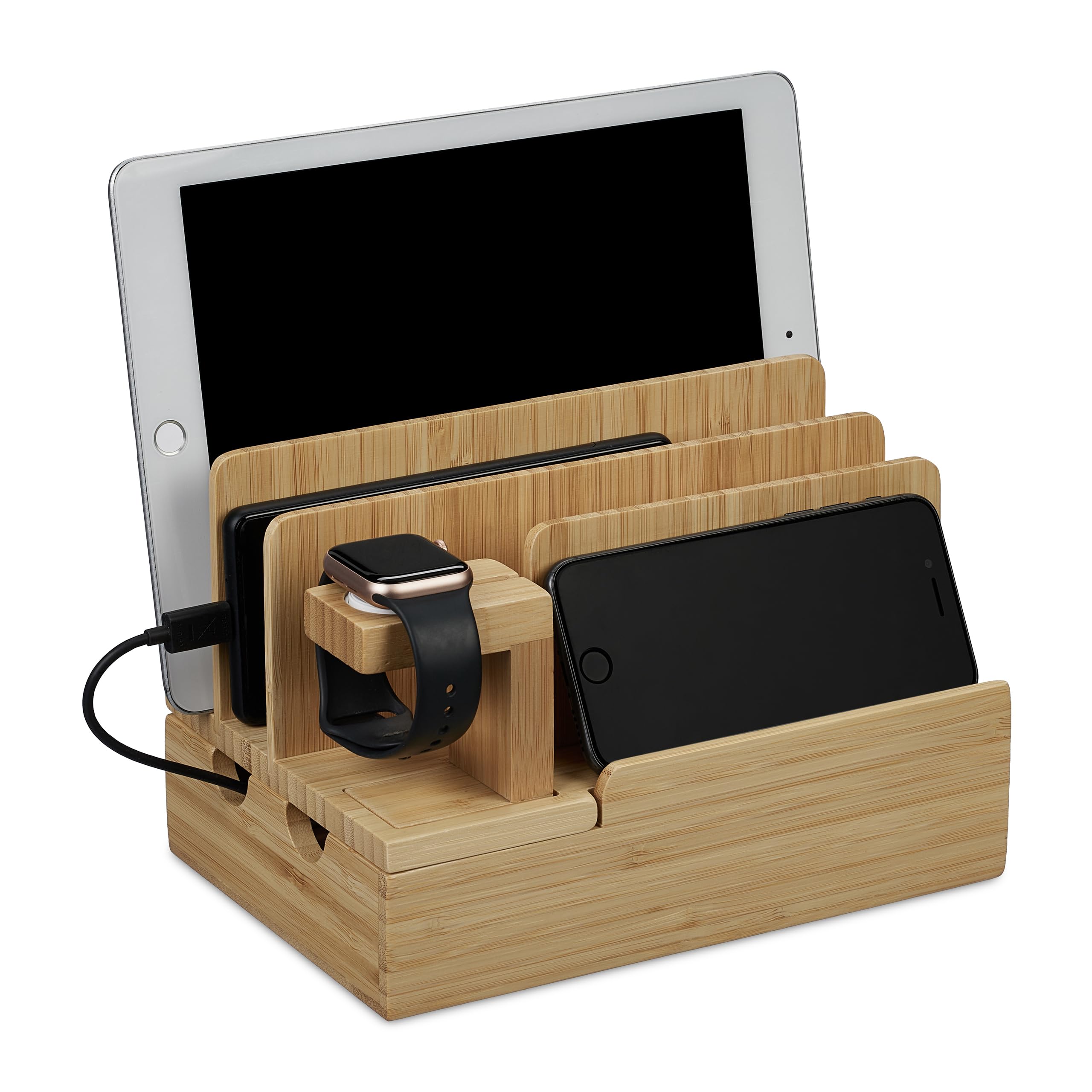 Estación de carga de bambú Relaxdays para organizar móviles y tabletas en el hogar