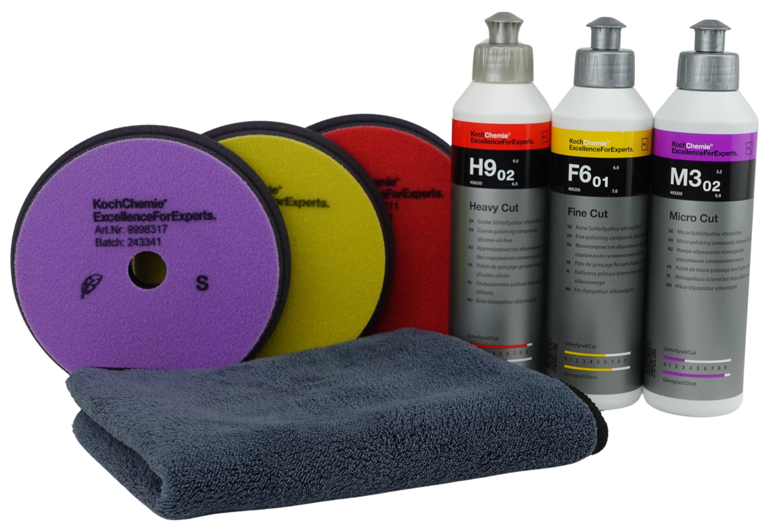 ADVANTUSE - Koch Chemie Politur Set Neue Pads (2024) 25mm Höhe (3x Politur 250ml + 3x Pad 125mm)