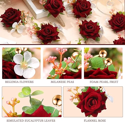 Miniatura 8 de Sherr Juego de 24 boutonniere burdeos para hombre, rosa roja vino con alfileres, traje de hombre ramillete novio y padrinos de boda, ojales de