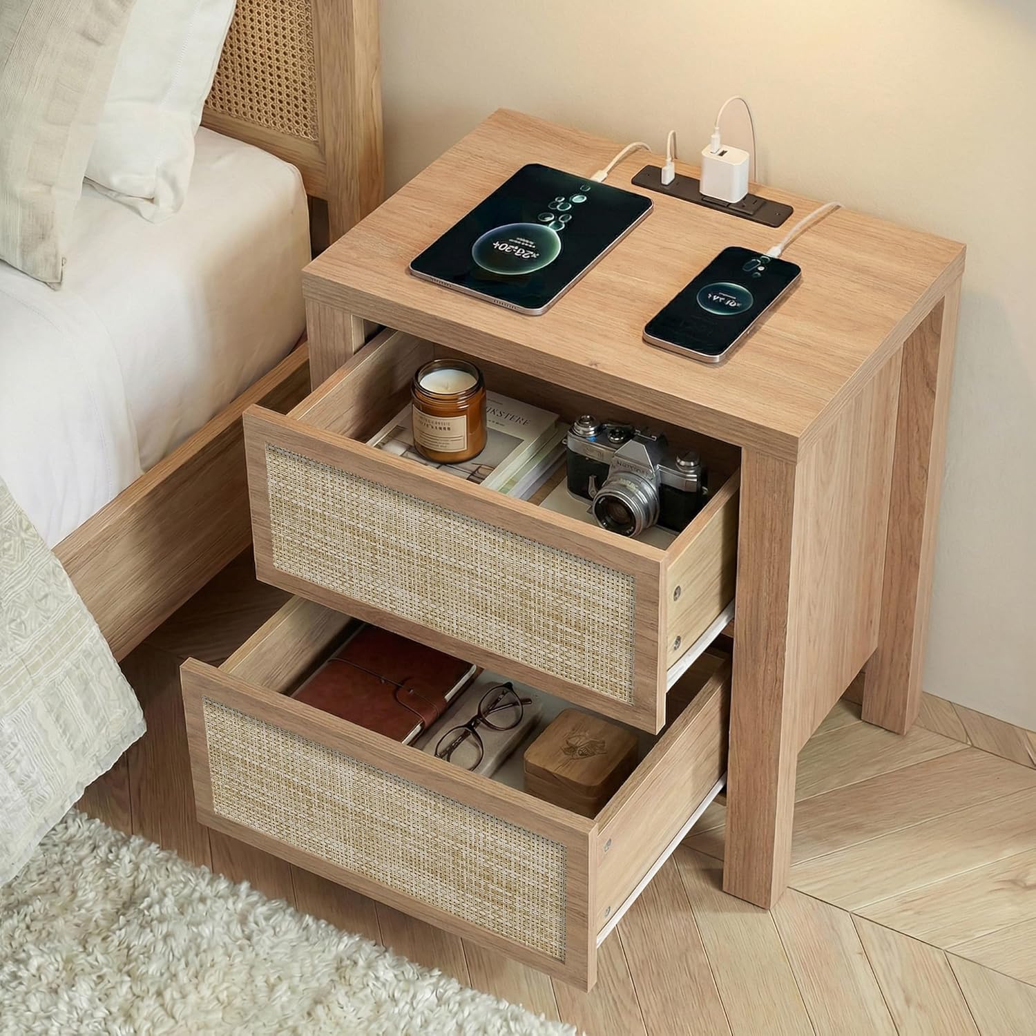 Yechen Rattan Night Stand, Nightstand with Type-C Charging Station, Boho End Tables, Bed Side Tables, 23.6" D x 15.8" W x 23.6" H, 2 Drawers Nightstands for Small Space, Natural Walnut