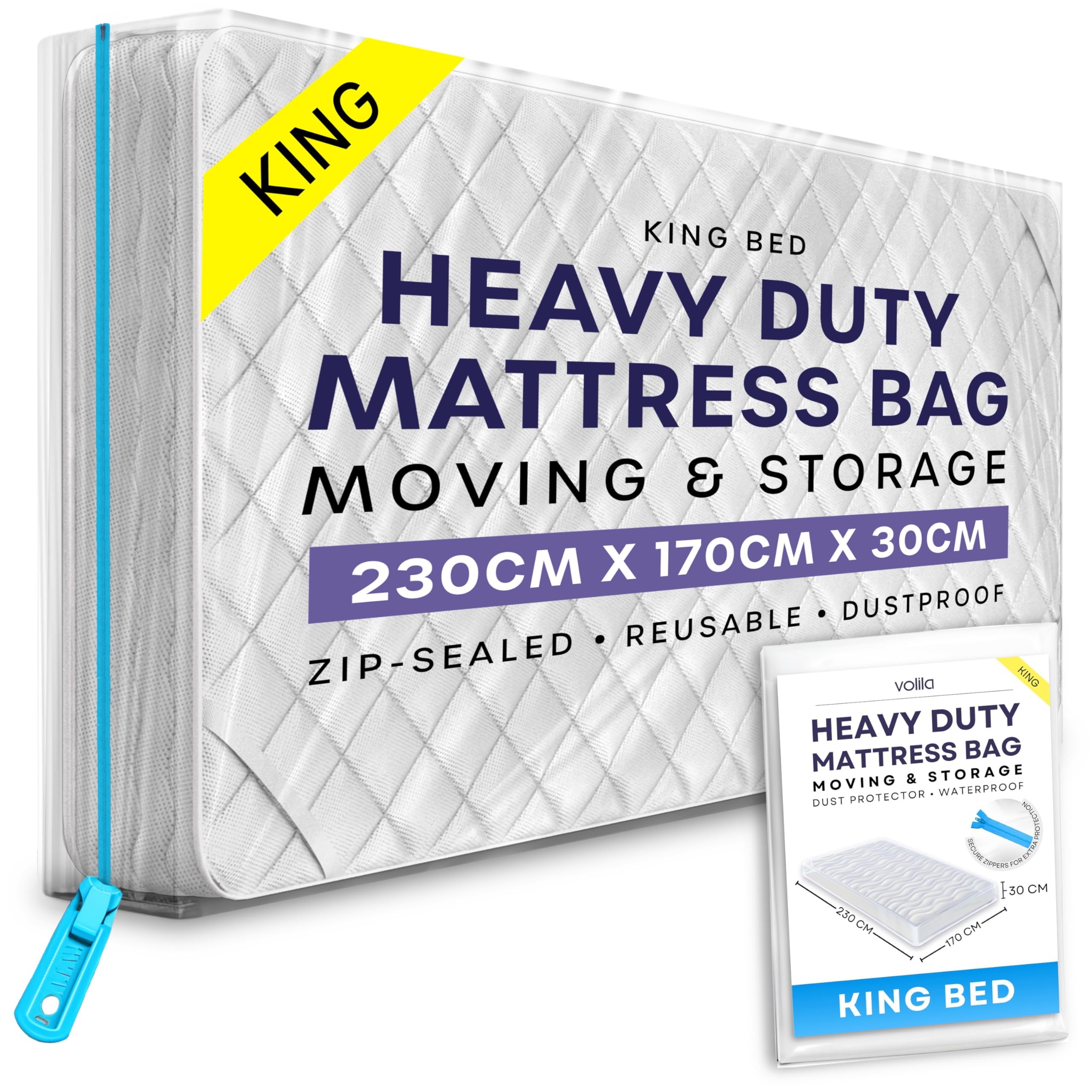 volila King Mattress Storage Bag with Zipper - 1 Pack Waterproof Mattress Cover for Moving - Mattress Bag to Protect Beds from Stains, Dust, and Pest Damage - Plastic Mattress Cover