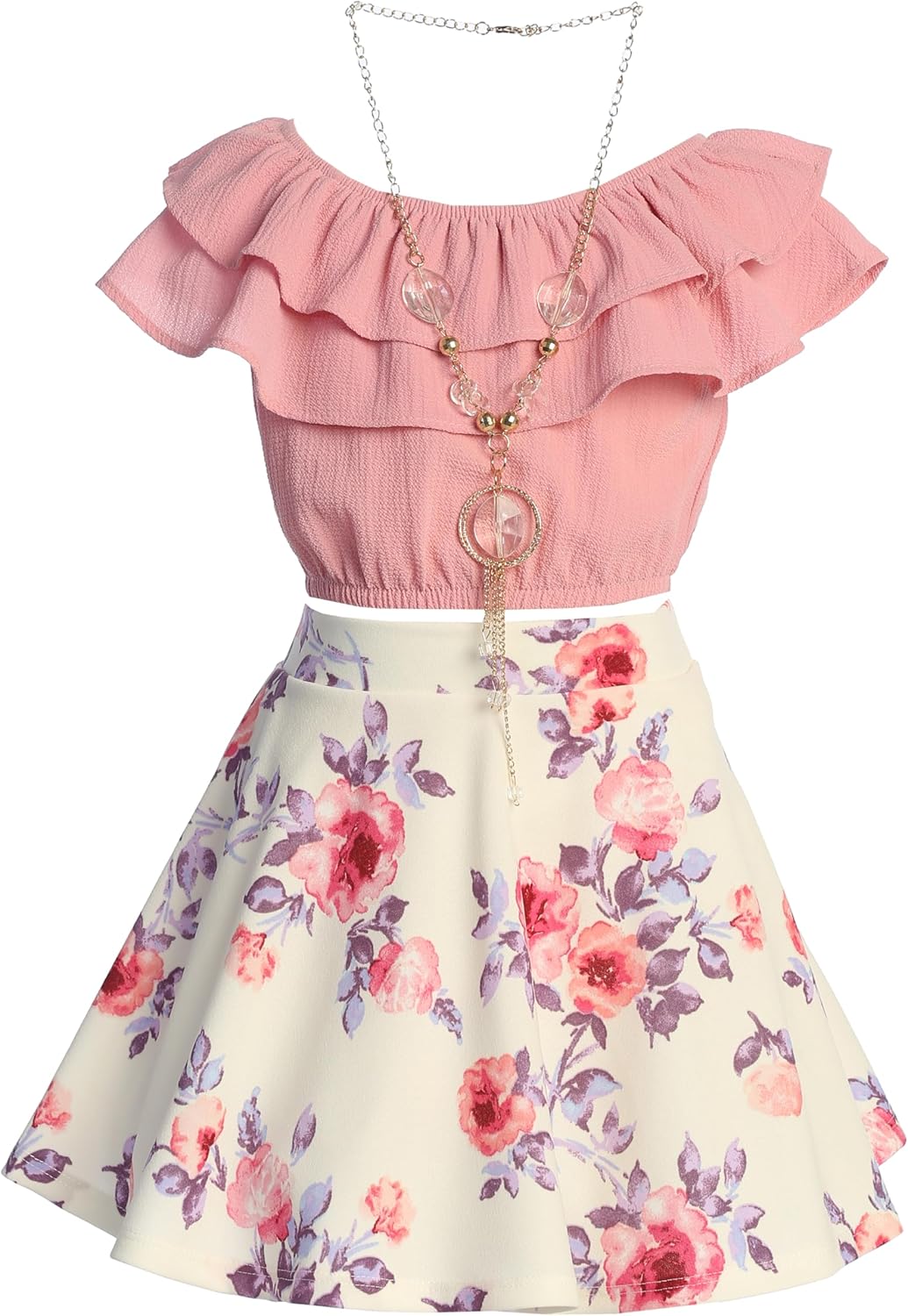 Cold Shoulder Crop Top Ruffle Layered Top Flower Girl Skirt Sets for Girl - Image 2