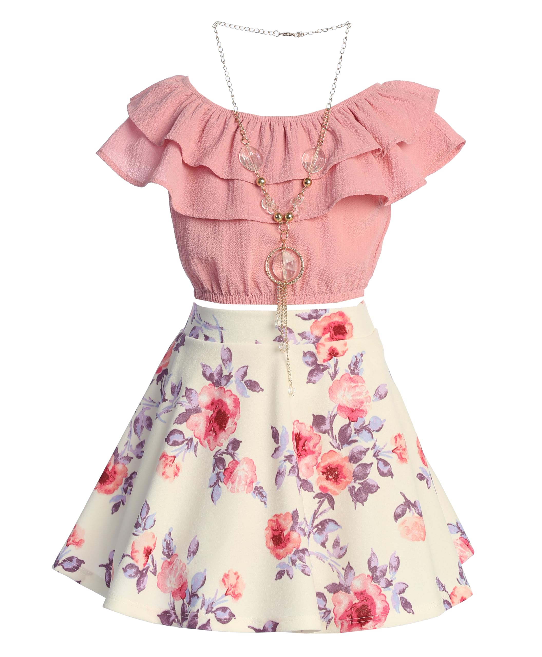 iGirlDress Girls Off Shoulder Crop Ruffle Layered Top and Skirt Set Outfit USA 4-14