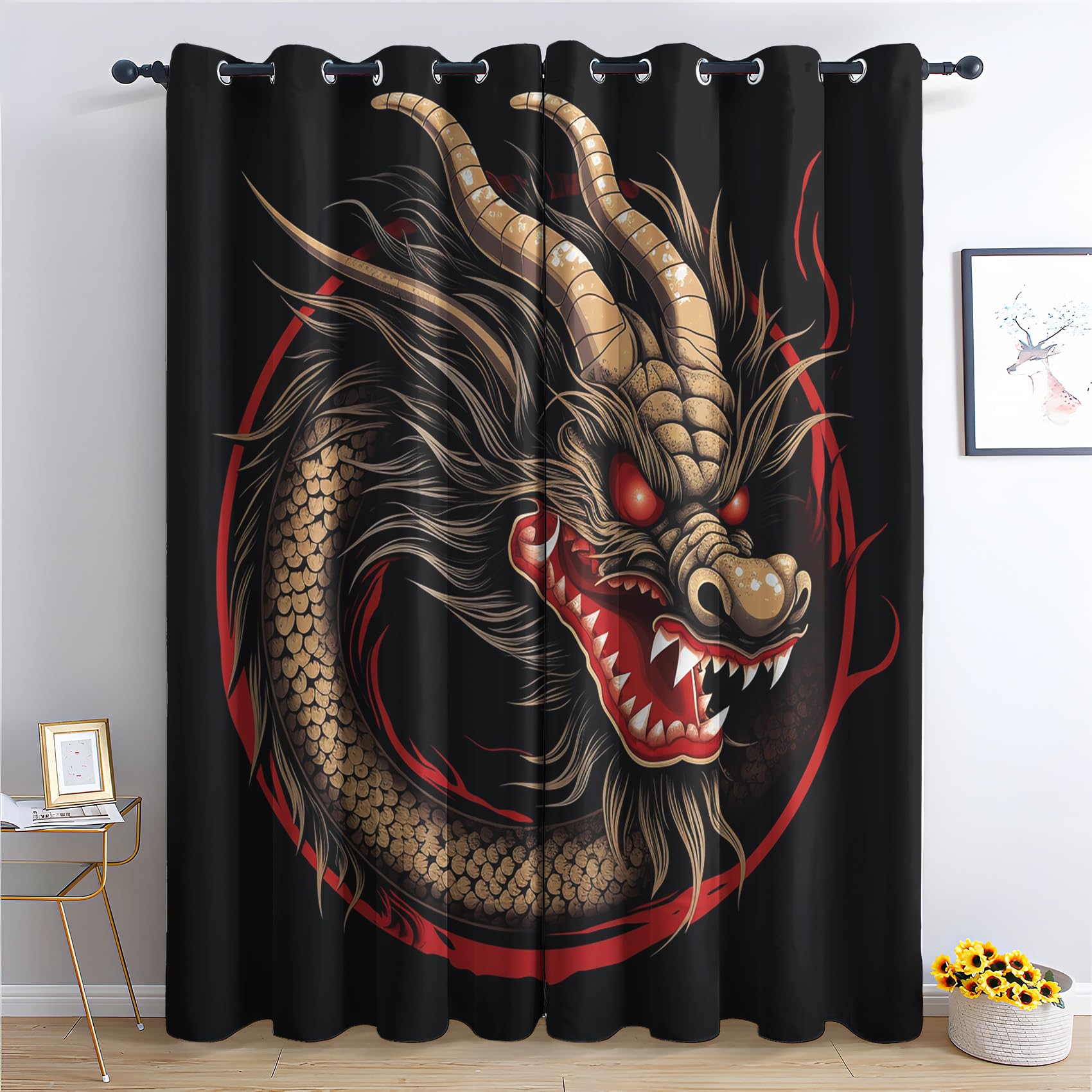 QEODAH Japanese Dragon Curtains 183cm Drop, Chinese Dragon Asian Oriental Patterned Blackout Curtains for Bedroom, Living Room Decor, Soft Thermal Insulated Eyelet Drapes for Windows - 2 Panels