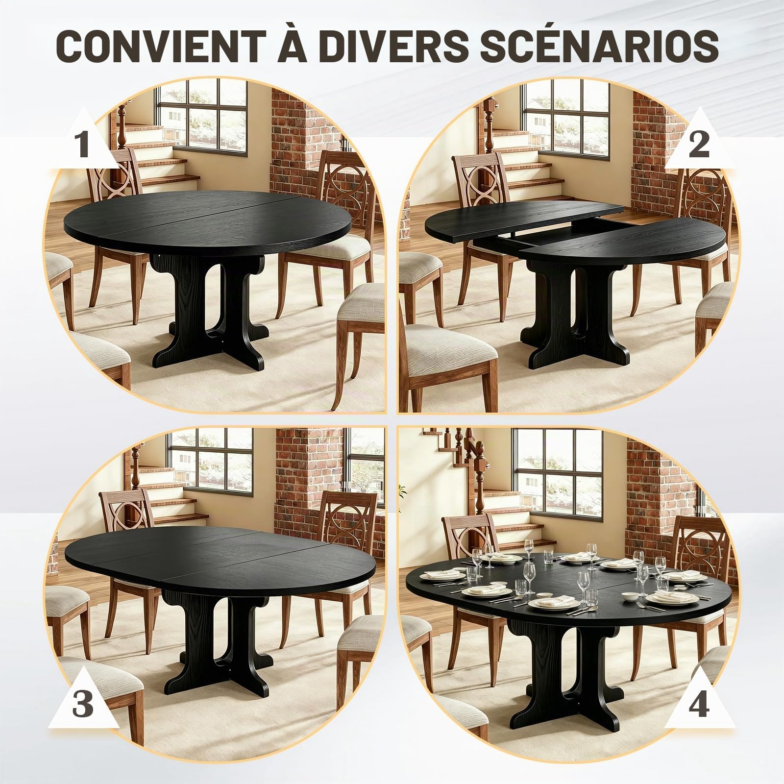 Table à manger extensible, 90-120 cm, ronde/ovale, table de cuisine en MDF pour 2 à 8 personnes, hauteur 75 cm, table à manger moderne pour salon, cuisine, socle en bois croisé, gain de place (noir)