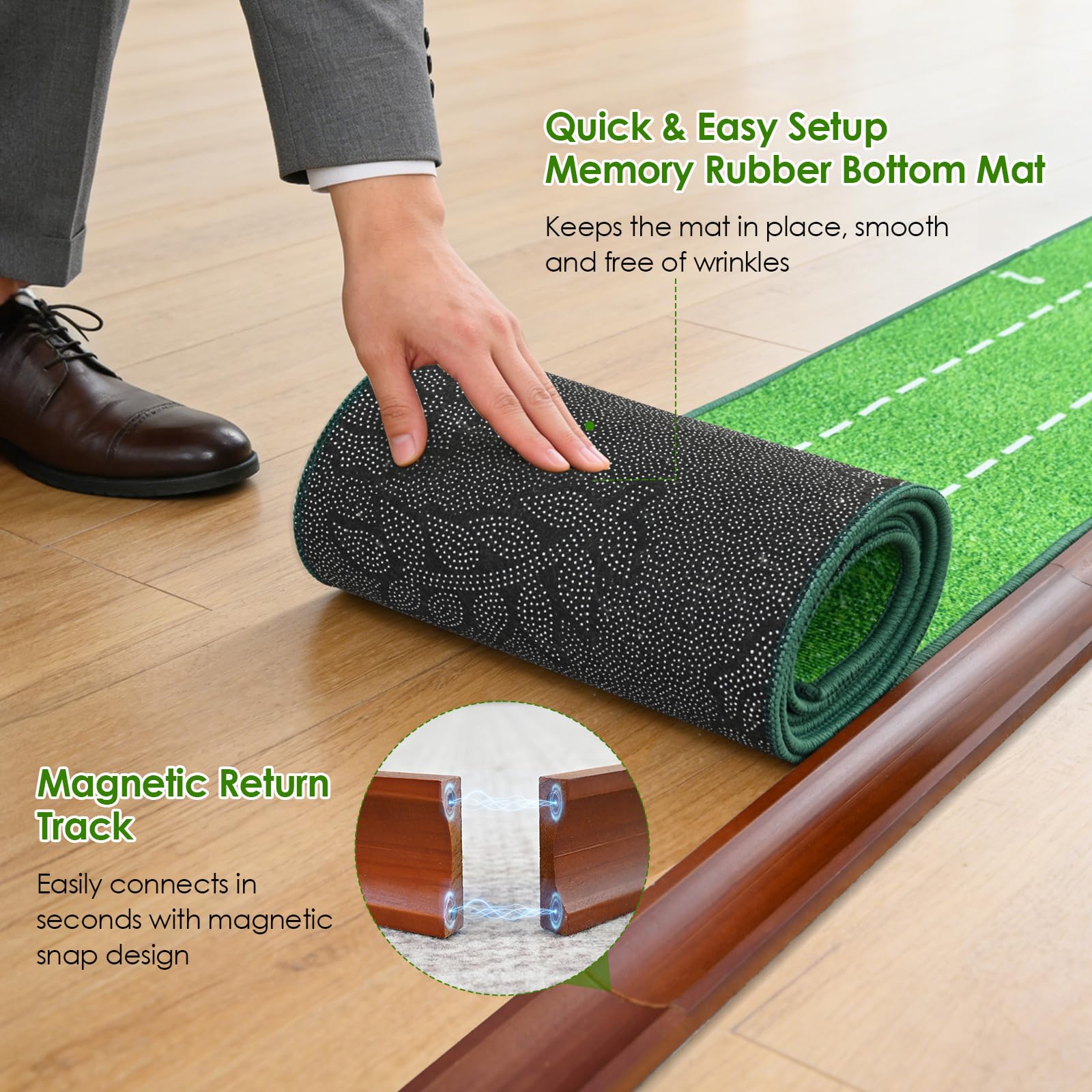 Esterilla de golf con rebobinado automático de bolas y riel de madera, Putting Green Indoor con espejo de putt & 2 agujeros, mini golf para el hogar, alfombra de golf plegable para oficina/jardín