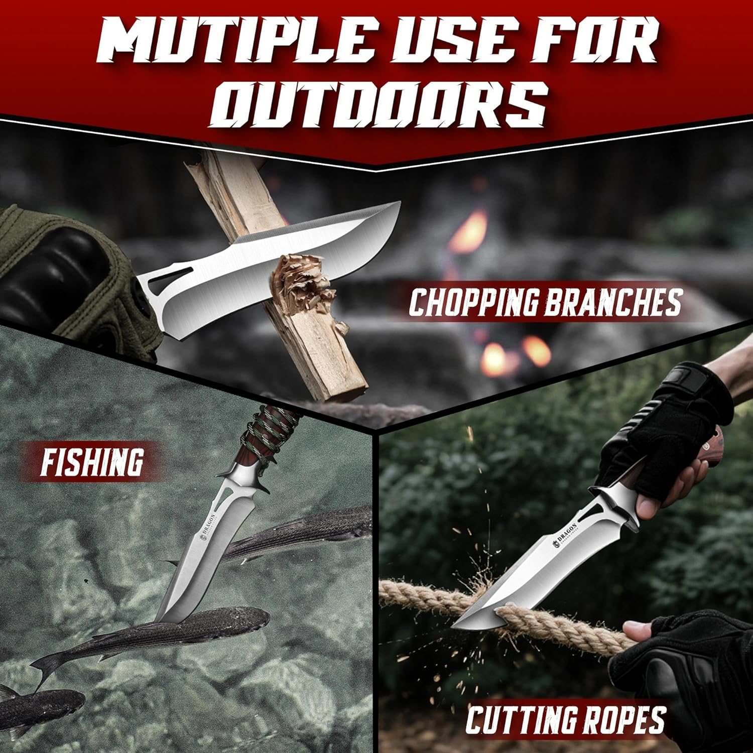 Dragon Creek Fixed Blade Knife - Bowie Knife with Wooden Handle Leather Sheath for Fishing Camping Men Gift