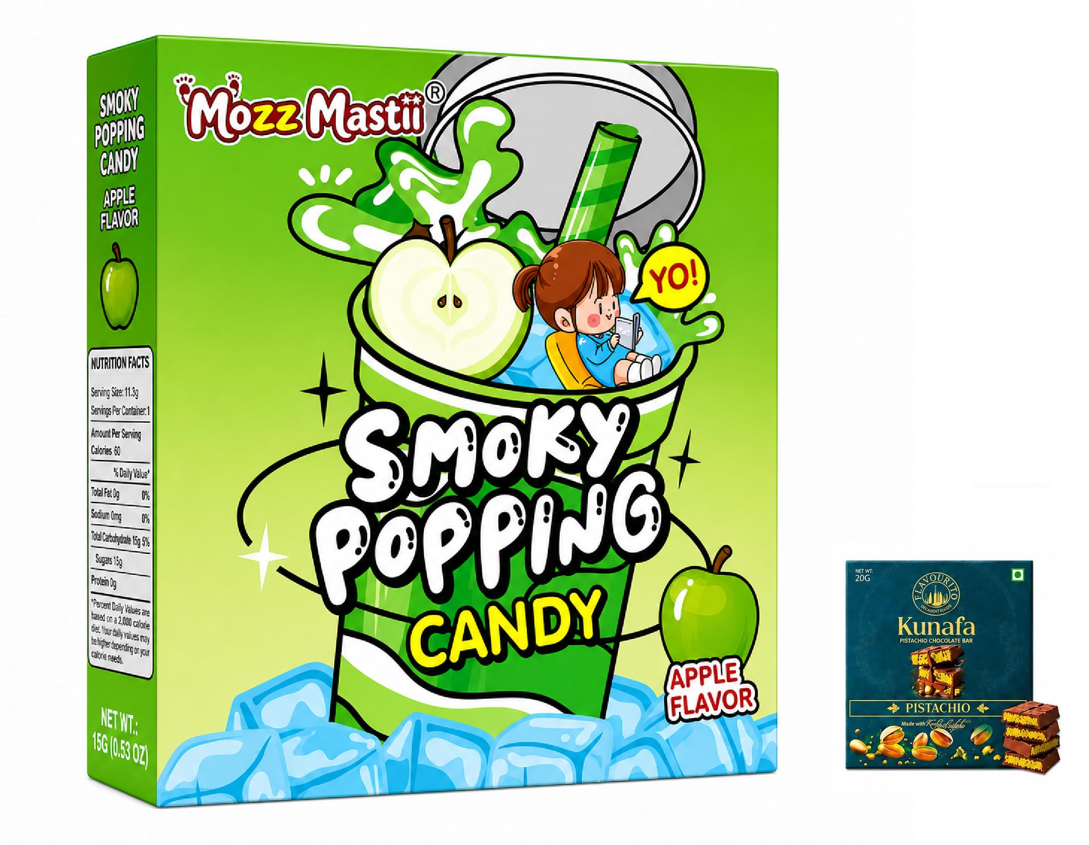 Mozz Mastii Smoky Popping Candy Apple Flavor 150g With Free Flavourito Kunafa Pistachio Chocolate Bar, 20g By Decadent Foods (Imported)-image-31