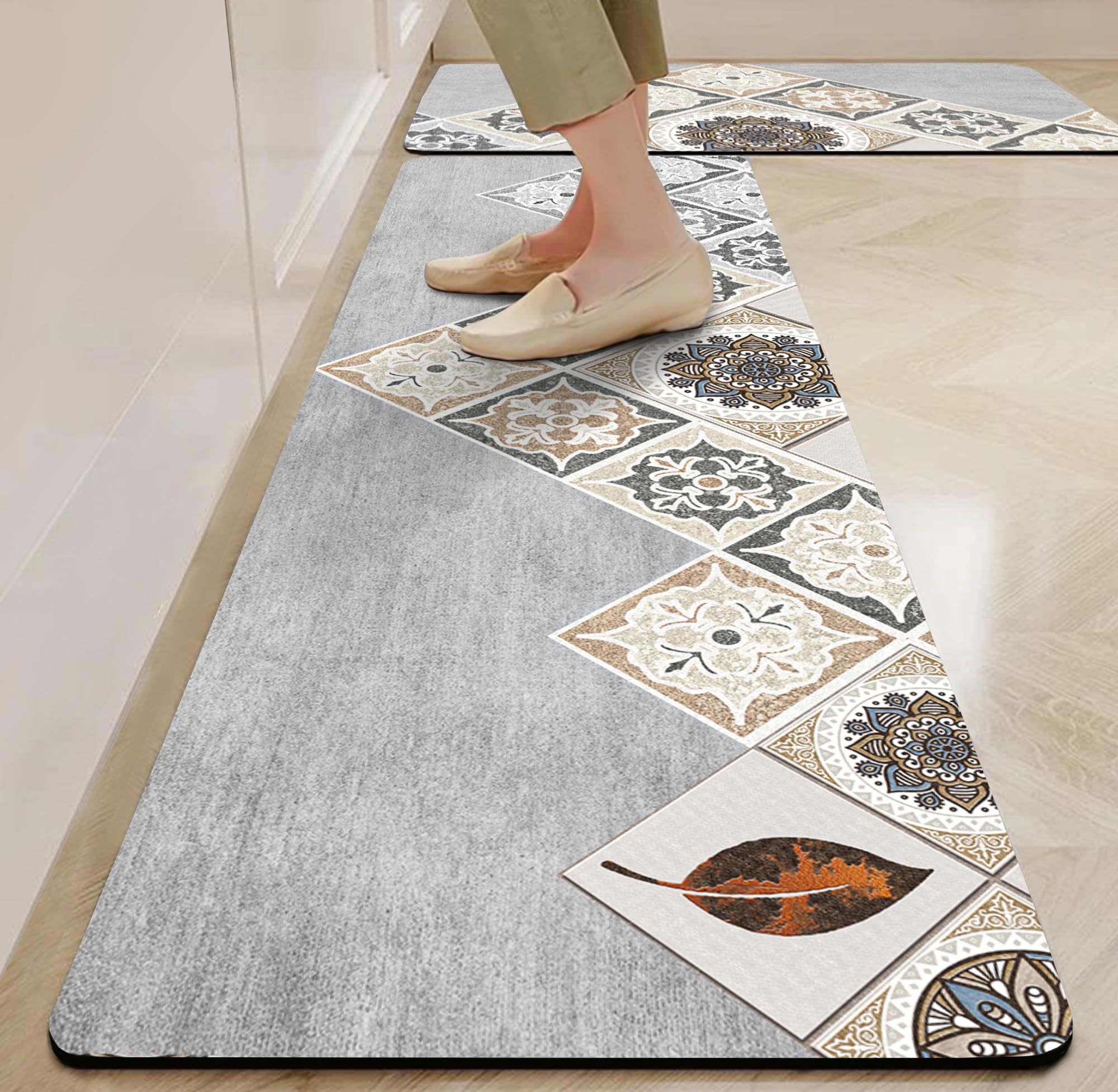 Yellow Weaves– Non-Slip Kitchen Floor Mats, Water Absorbent, Rugs,Standing Rubber Mats for Kitchen, Office, Sink and Laundry Room, Mandala (Pack of 2)