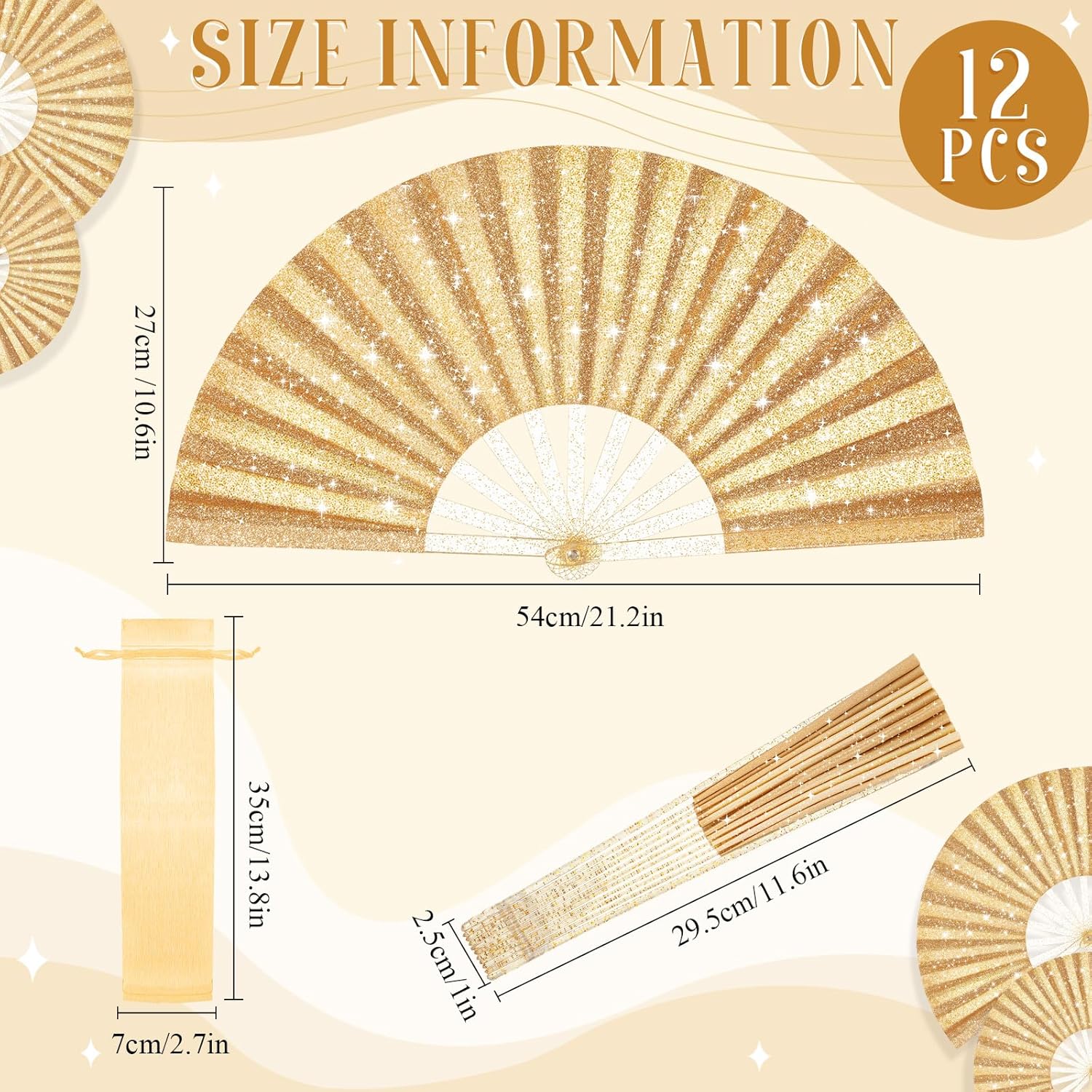 Vercraft 12 Pcs Large Folding Hand Fans for Line Dancing, Fan with Bag Clapping Popping Raves Fans Bulk for Wedding Festival EDM Club Party Decoration (Gold)