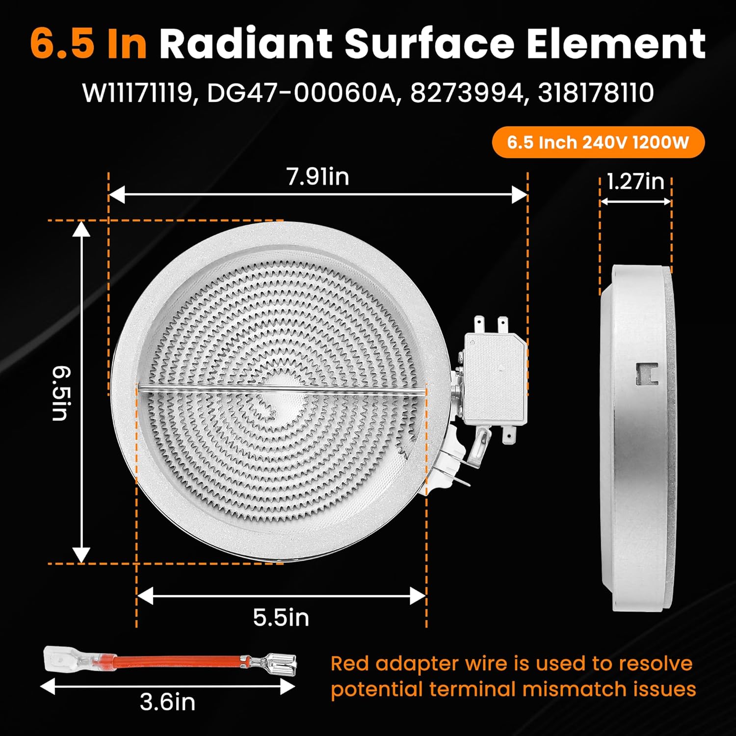 Upgraded 6.5 In DG47-00060A W11171119 WB30T10145 Electric Range Single Radiant Surface Heating Element Replacement for Whirl-pool May-tag Kitchen-Aid Jenn-Air Range Stove, 8273994 By Fetechmate
