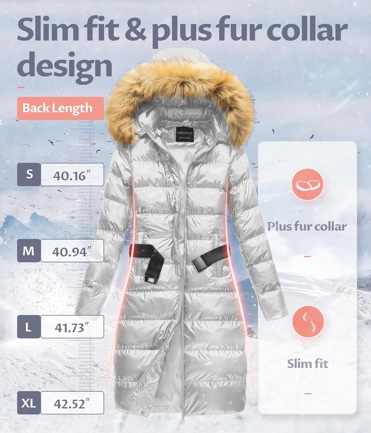 CREATMO US Women's Long Winter Faux Fur Coat Puffer Warm Jacket with Detachable Hood - Image 4