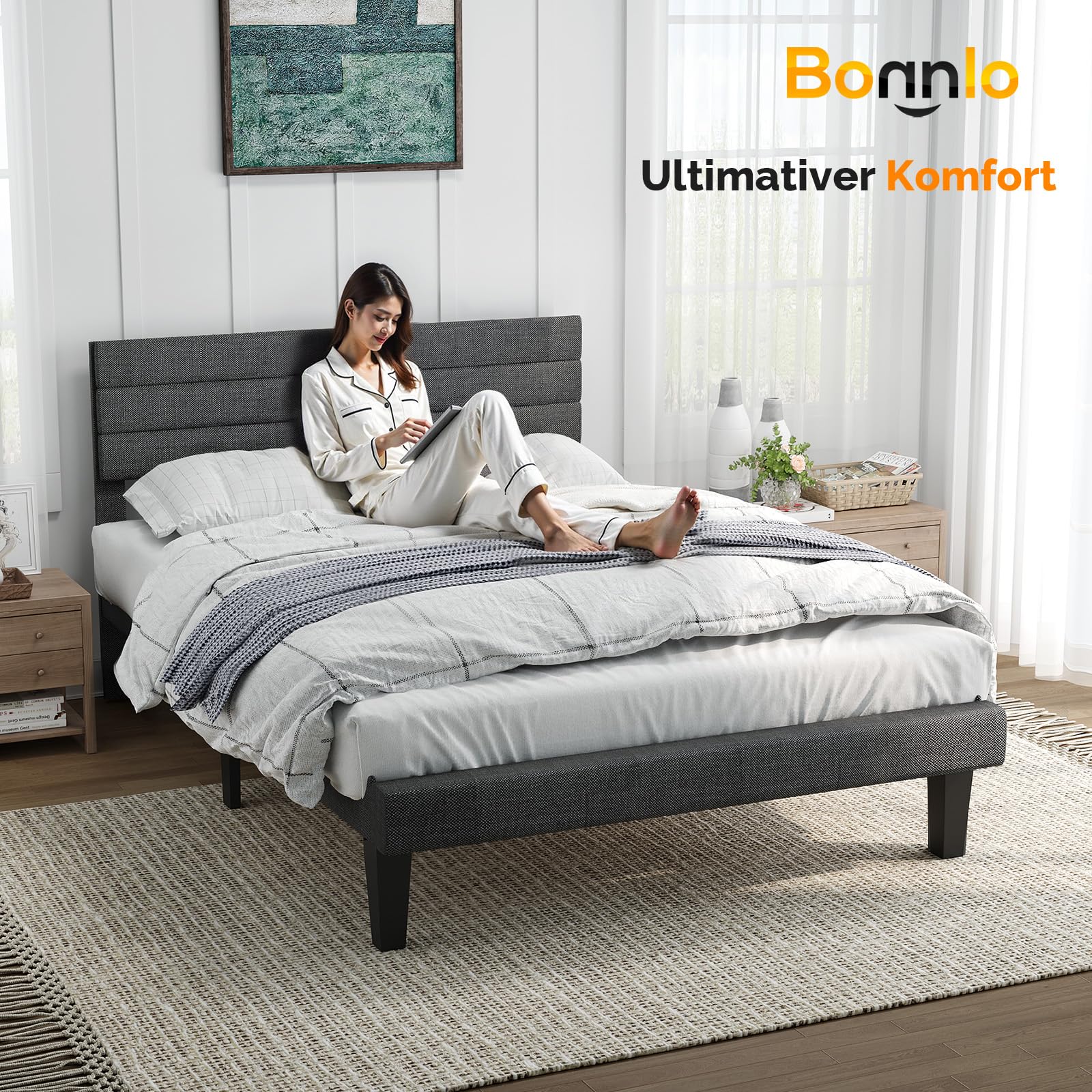Bonnlo Polsterbett 90x200 cm mit verstellbarem Kopfteil, Bett 90x200 mit Lattenrost aus Holz, Leinenoptik(ohne Matratze)