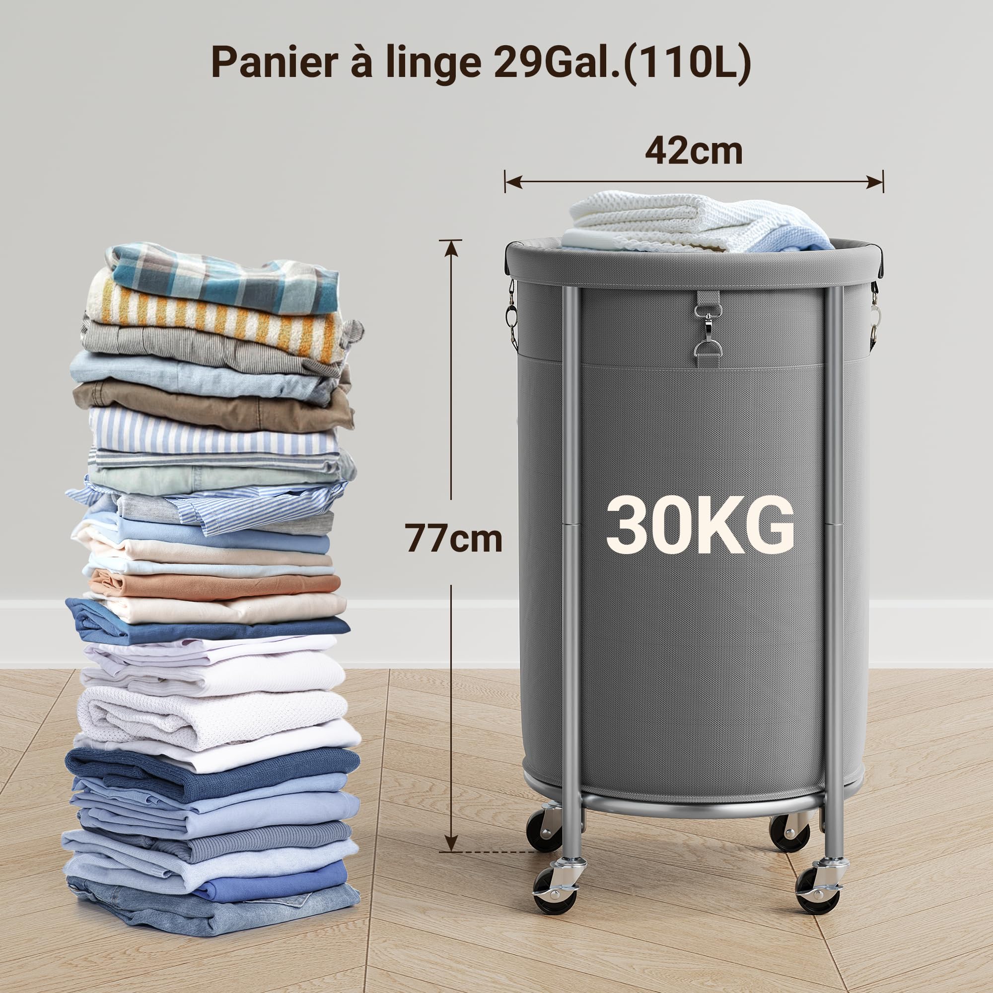ELYKEN Cesto portabiancheria con ruote, 110 l, cesto portabiancheria rotondo con telaio in acciaio e borsa rimovibile, 4 ruote e 2 freni, cesto per vestiti sporchi per hotel, casa, ETHLC05G1