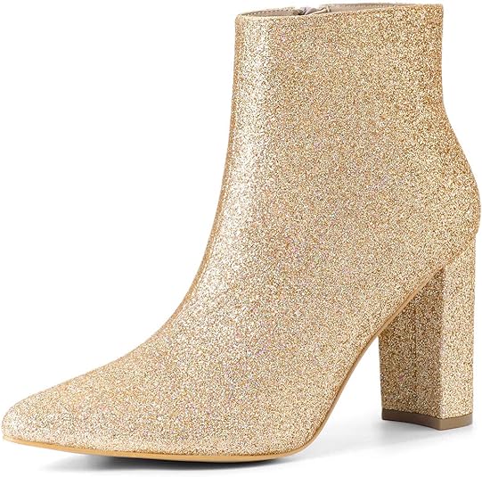 Pointed Toe Glitter Stretch Chunky Block High Heels Ankle Booties main image 0