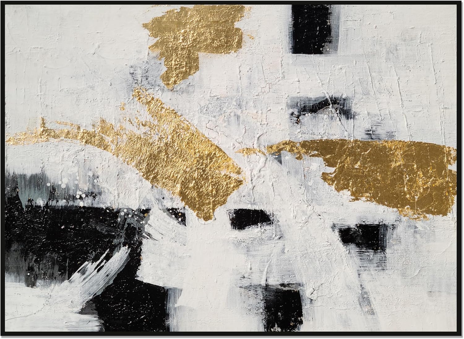 Yihui Arts Hand Painted Large Abstract Wall Art with Gold Foil Accents, Black and White Modern Artwork in Floating Frame for Home Decor