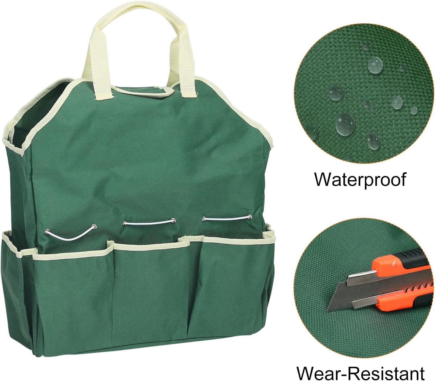 HARFINGTON Garden Tool Bag 14.6" x 5.5" x 16.5" Large Oxford Waterproof with Pockets Garden Tote Bag Gardening Plant Tool Organizer Storage Carrier Store for Outdoor Women Men, Dark Green
