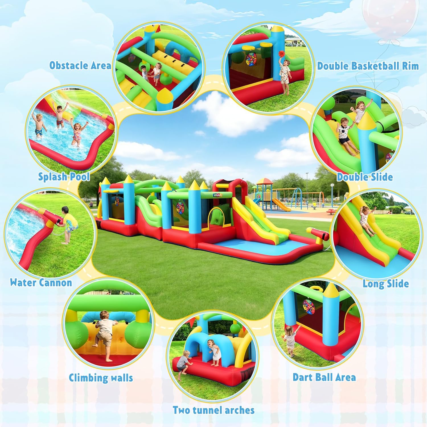 AKEYDIY Inflatable Water Slide Bounce House with 2 x Blowers Obstacle Course for Big Kids 3-12, Giant 29FT Backyard Water Park with Slides, Basketball Hoops, Climbing Wall, Splash Pool (2-in-1)