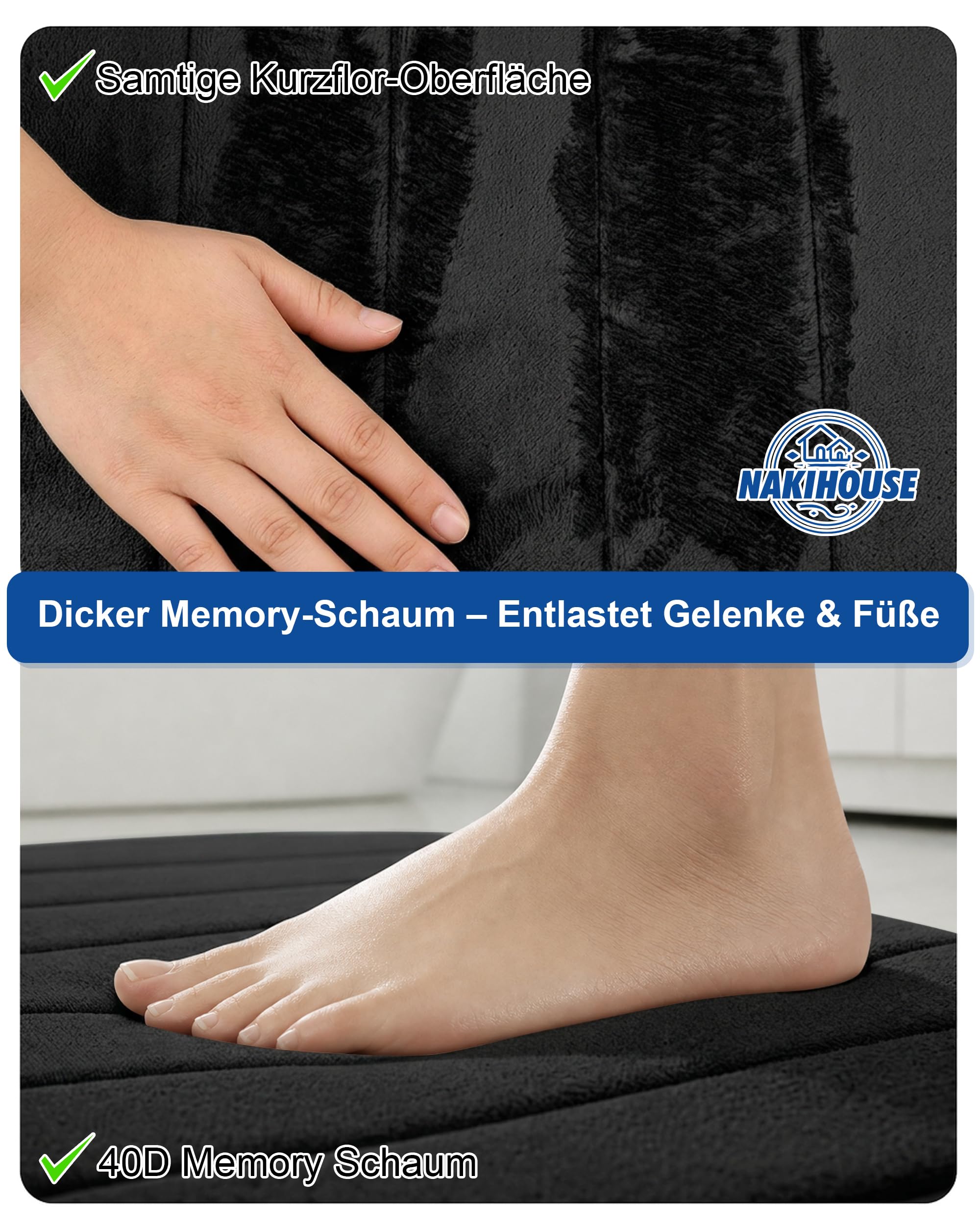 Badezimmerteppich Set 3 Teilig aus Dicke Memory Foam rutschfest Saugfähig Waschbar Weich Schnell Trocknend Badematte Set und U Förmige wc Vorleger für Dusche, WC & Badewanne,Schwarz
