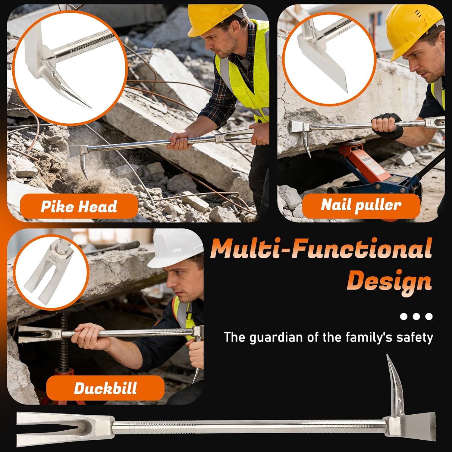 30 Inch Halligan Tool, 45 Grade Steel Halligan Bar for Fire Rescue and Emergency, Sandblasted Surface, Pike, Duckbill and Recessed Nail Puller 4-In-One, Non-Slip Grip, Forged Structure