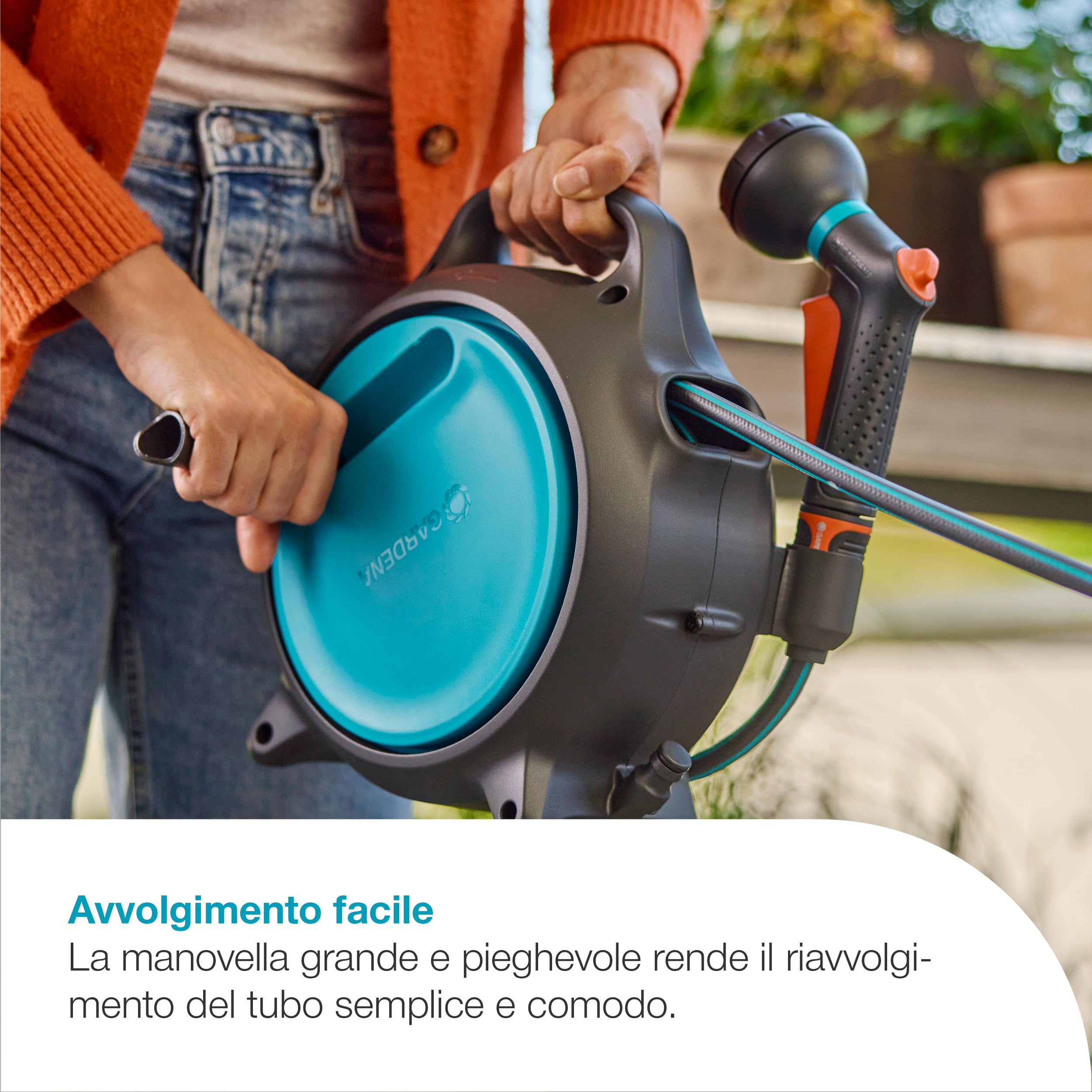 Gardena Avvolgitubo Portatile Move Avvolgitubo: Compatto e facile da trasportare, Riavvolgimento del tubo comodo, Salvaspazio, Perfetto per balconi, terrazze e utilizzo fuori casa (18692-20)