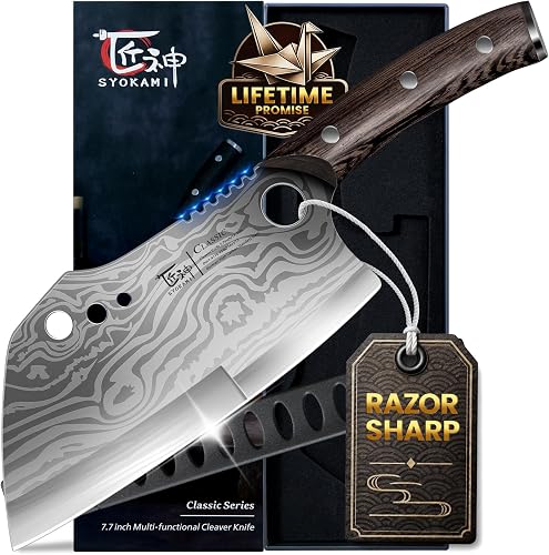 SYOKAMI Meat Cleaver Chef Knife with Sheath, 7.7 Inch Butcher Knife with Herb Stripper, Chopping Knife Heavy Duty Bone Cutting, Damascus Pattern Full Tang Wood Handle, Birthday Gift for Men